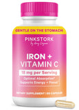 Pink Stork envase frontal que muestra hierro y vitamina C, cómodo para uso diario