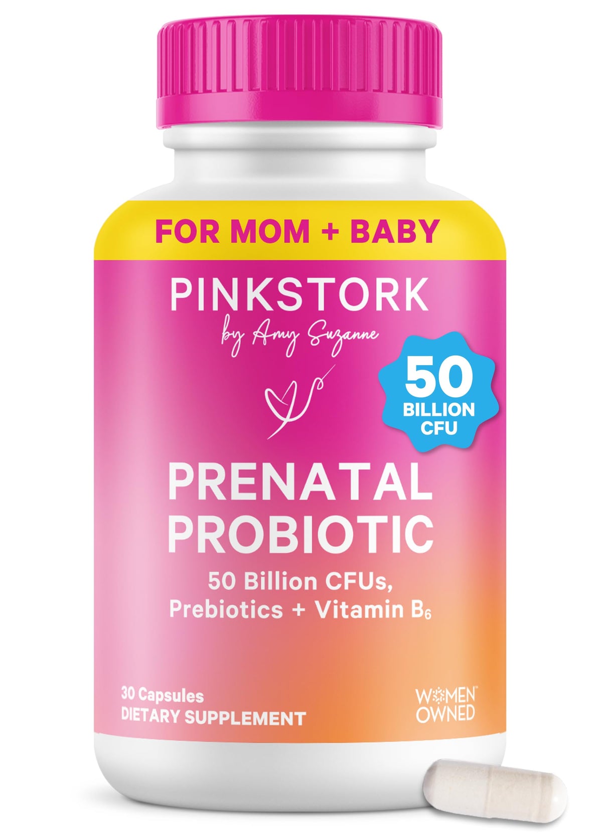 Pink Stork empaque frontal mostrando suplemento prenatal para mayor confianza