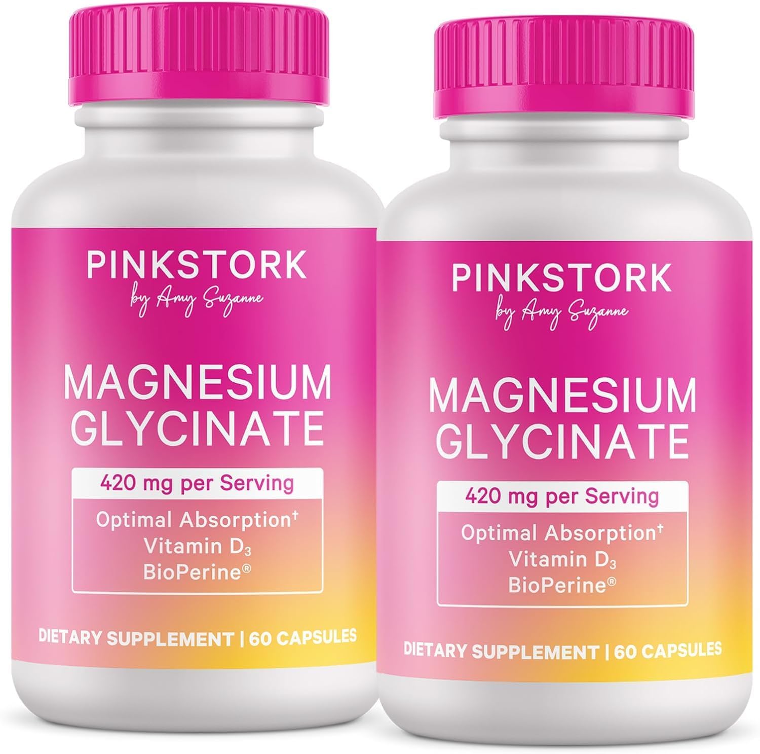 Pink Stork empaque frontal del suplemento mostrando dosis y beneficio