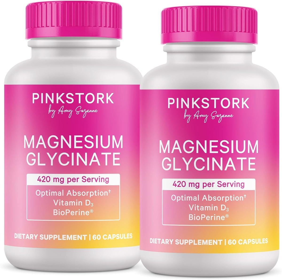 Pink Stork empaque frontal del suplemento mostrando dosis y beneficio