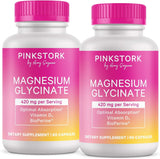 Pink Stork empaque frontal del suplemento mostrando dosis y beneficio