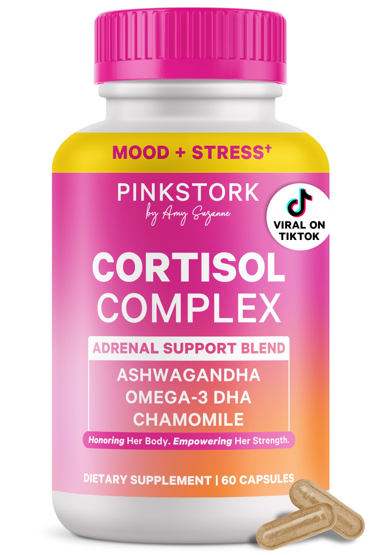 Pink Stork envase frontal de Cortisol Complex mostrando presentación y dosis