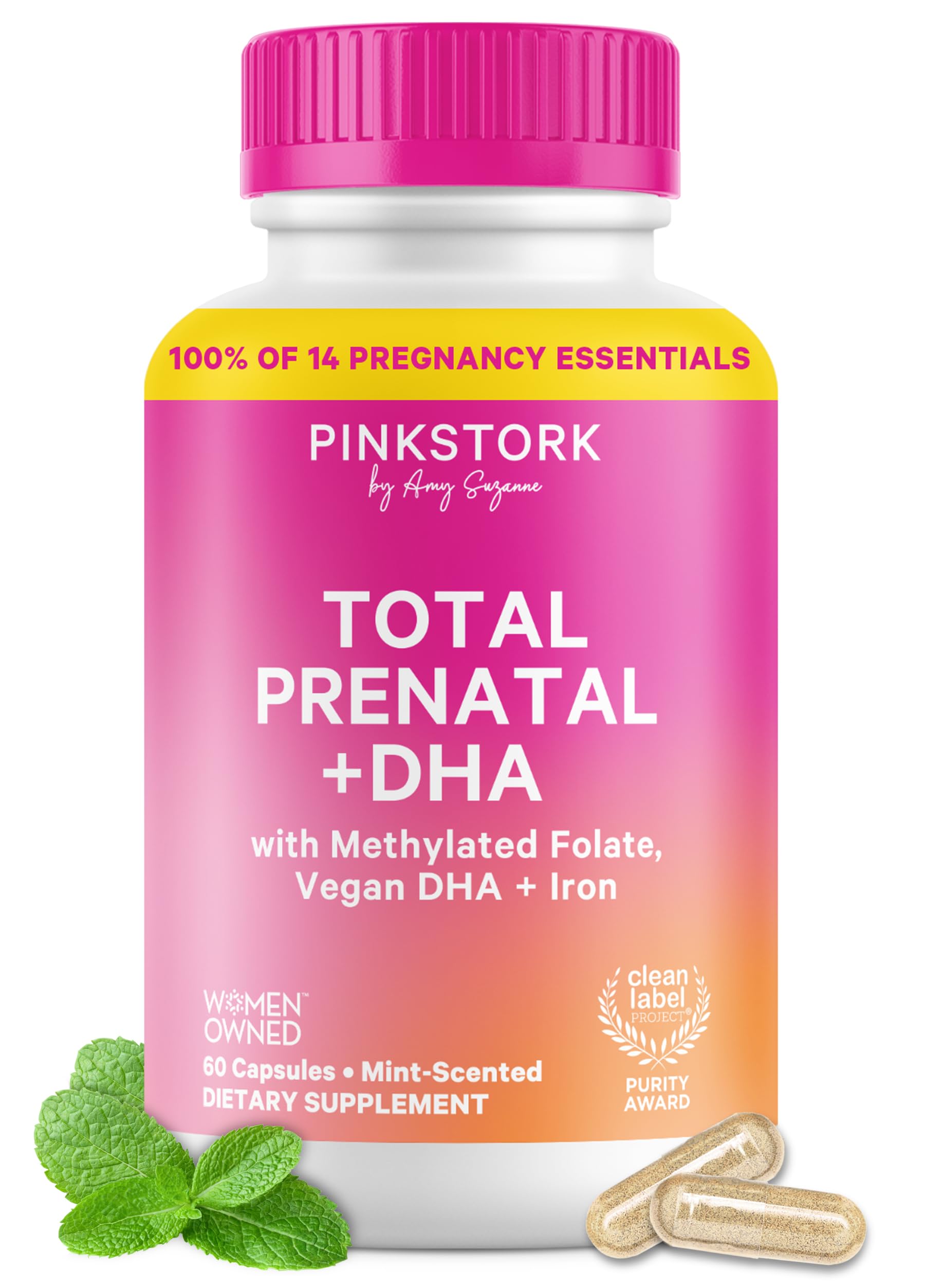 Pink Stork envase frontal Total Prenatal mostrando etiqueta limpia y menta