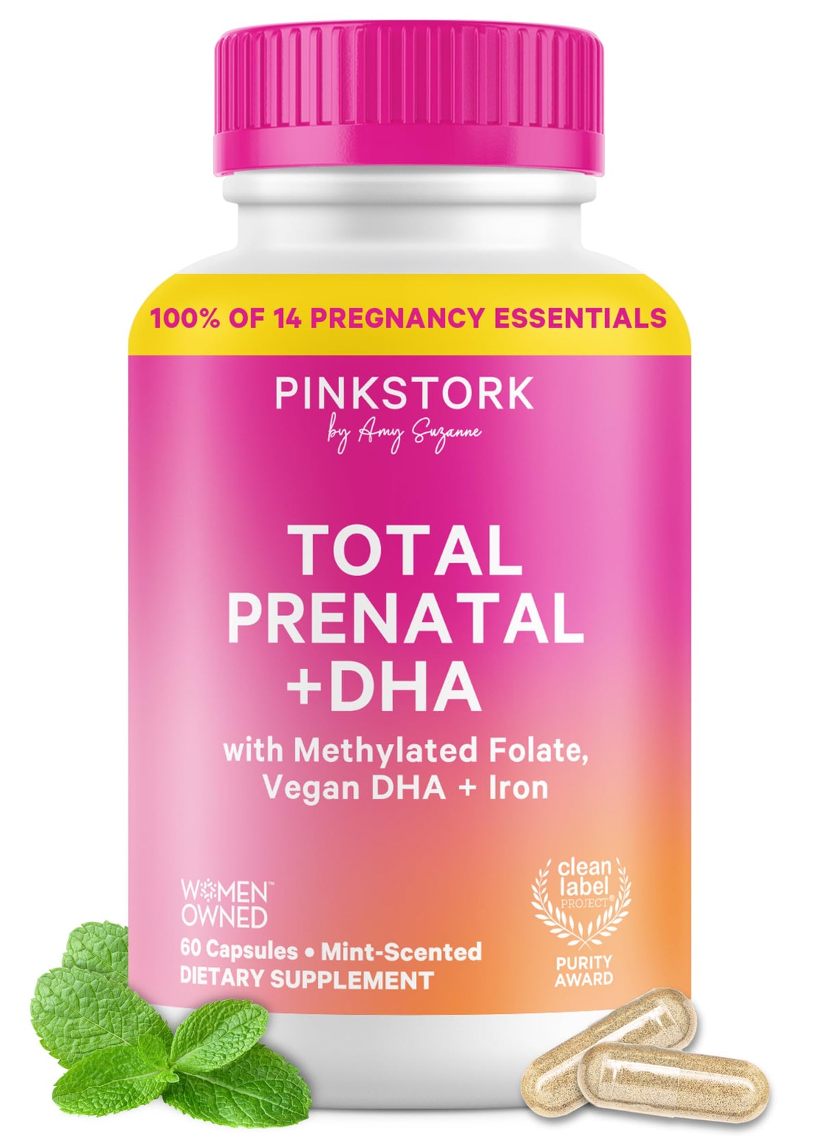 Pink Stork envase frontal Total Prenatal mostrando etiqueta limpia y menta