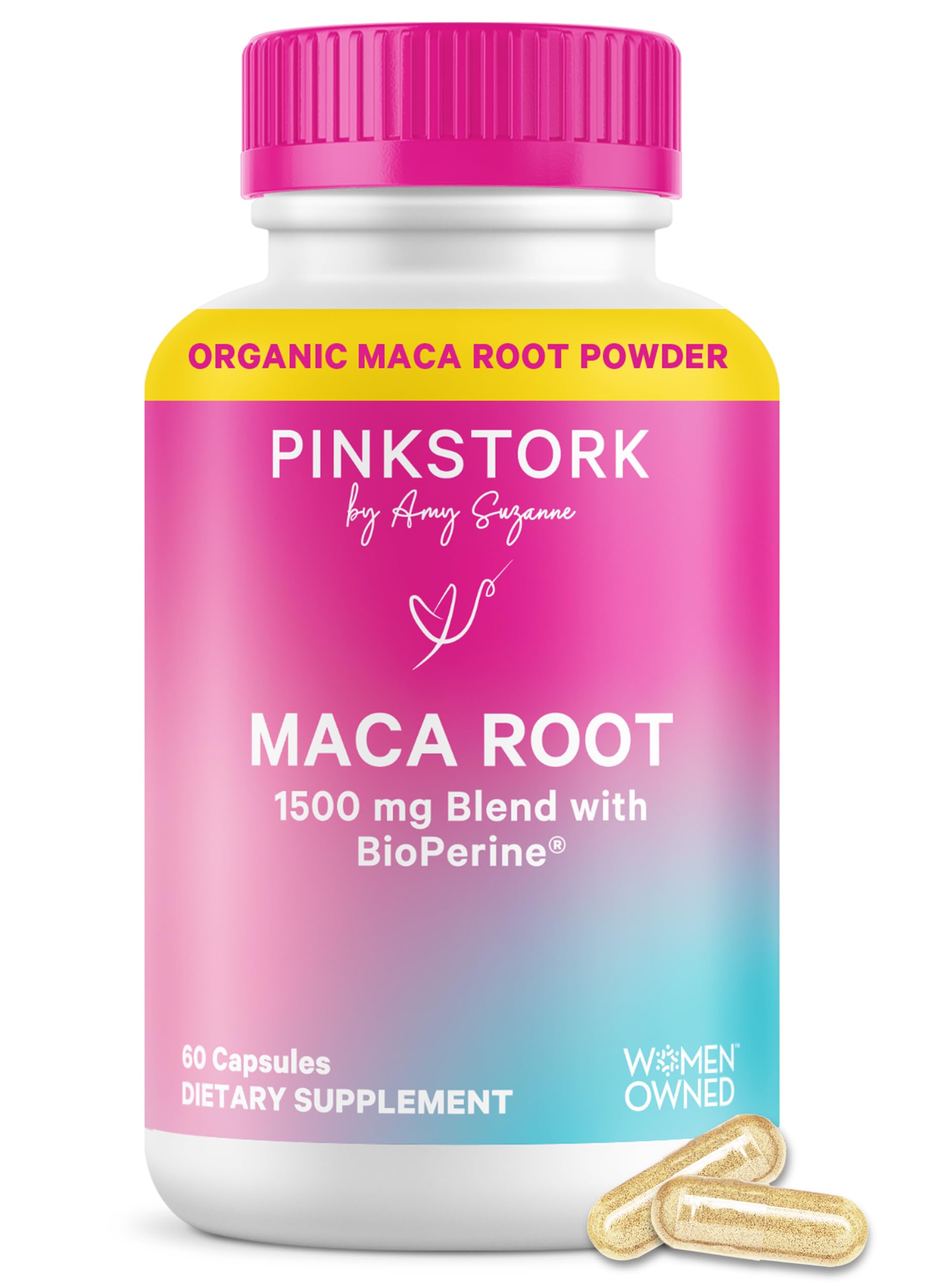 Pink Stork envase frontal mostrando 60 cápsulas y beneficios