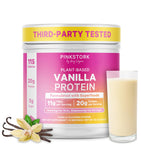 Pink Stork envase frontal mostrando sabor vainilla y beneficios para mujeres