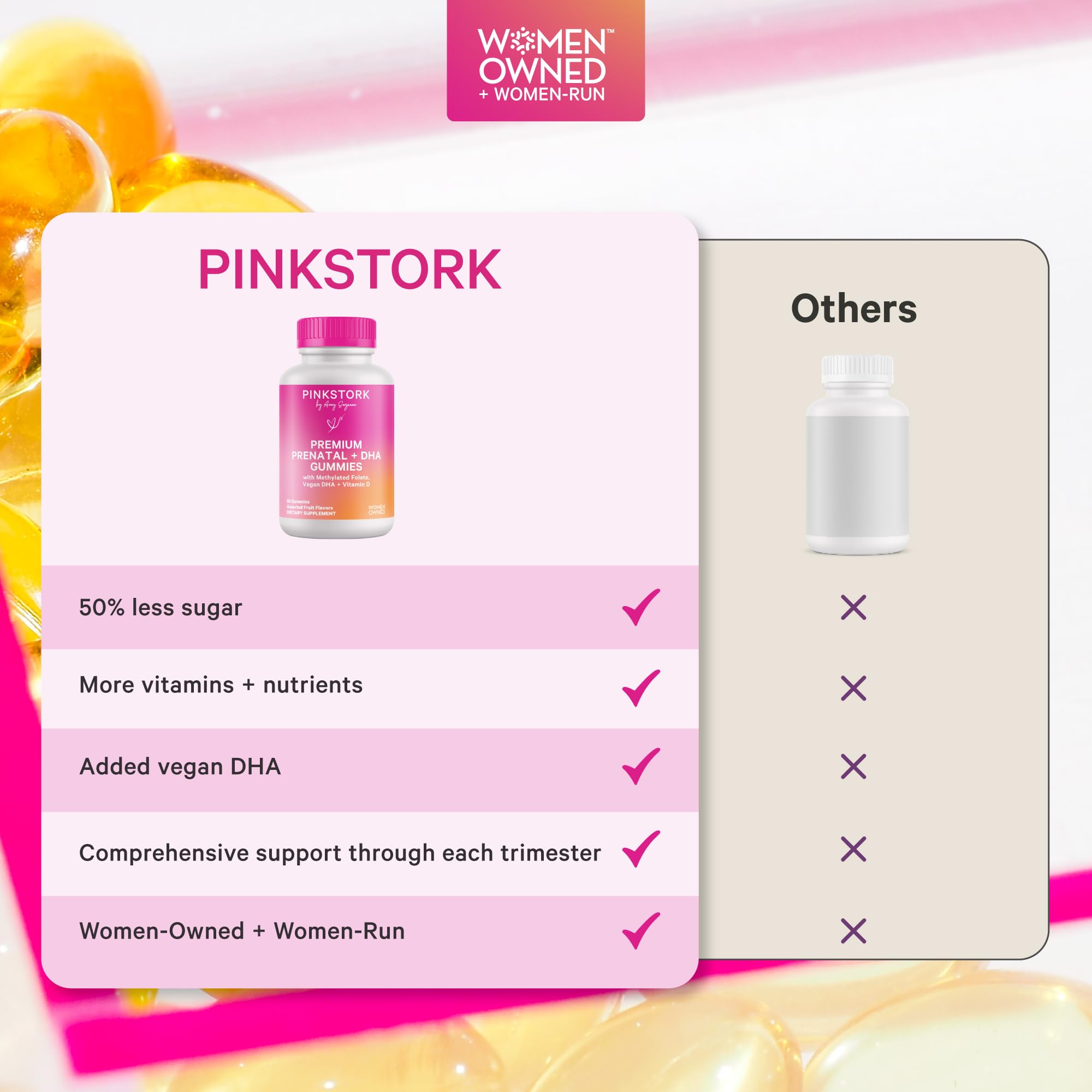 Pink Stork mano sosteniendo las gomitas mostrando la dosis diaria