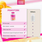 Pink Stork mano sosteniendo las gomitas mostrando la dosis diaria