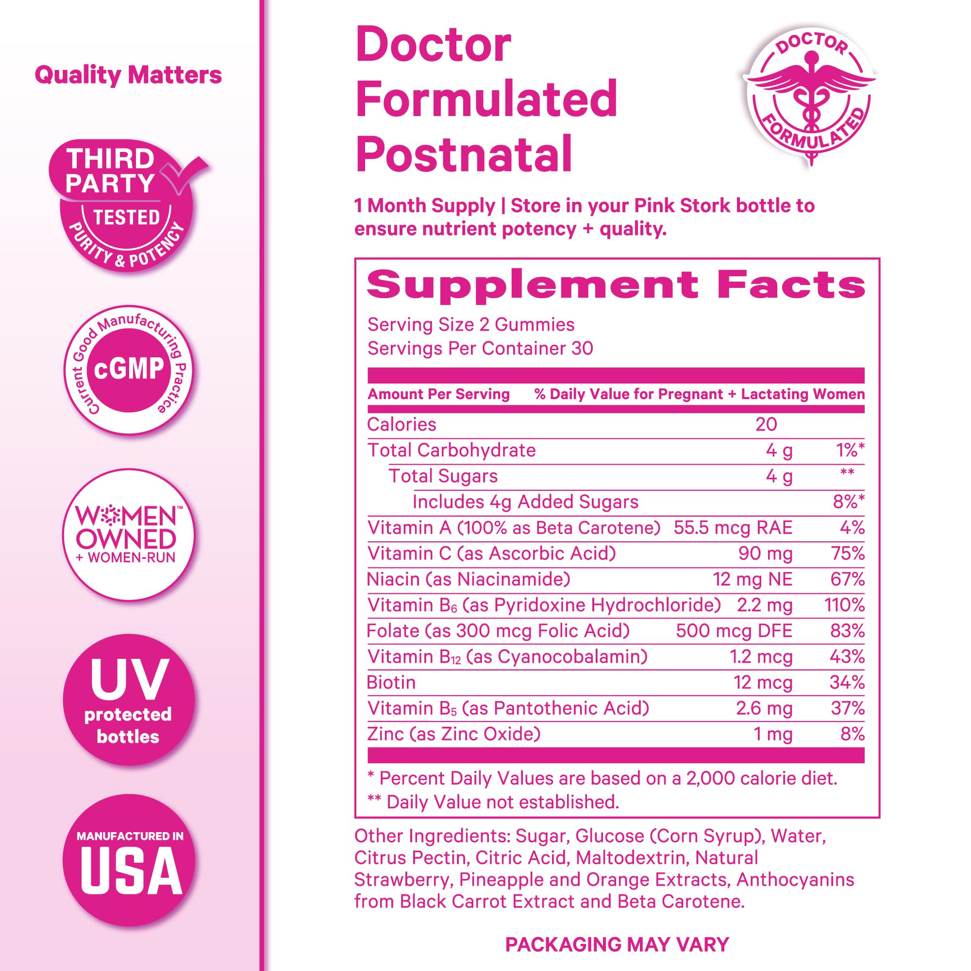 Pink Stork etiqueta de ingredientes para revisar vitaminas clave y transparencia
