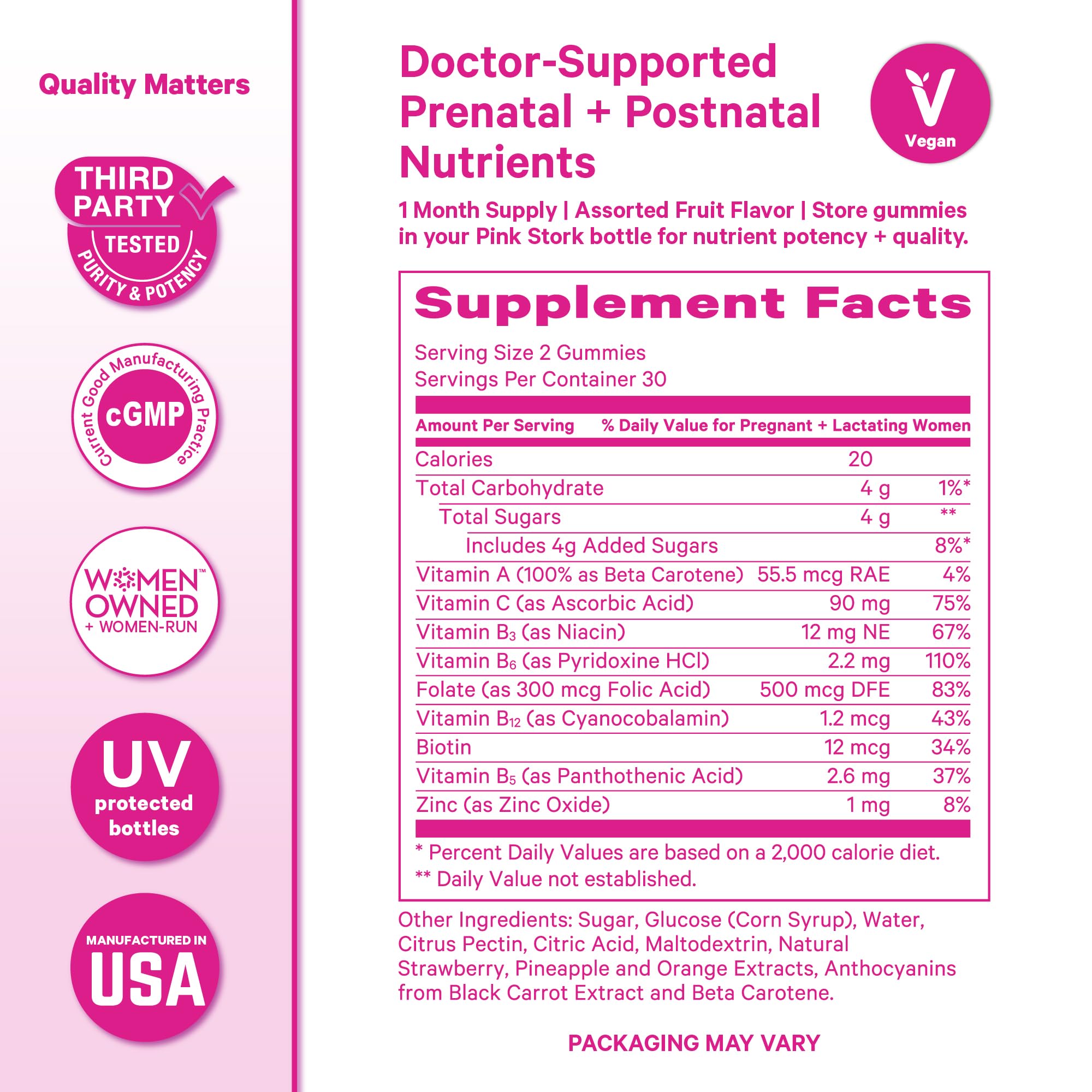 Pink Stork mujer embarazada tomando gomita para apoyo prenatal simple