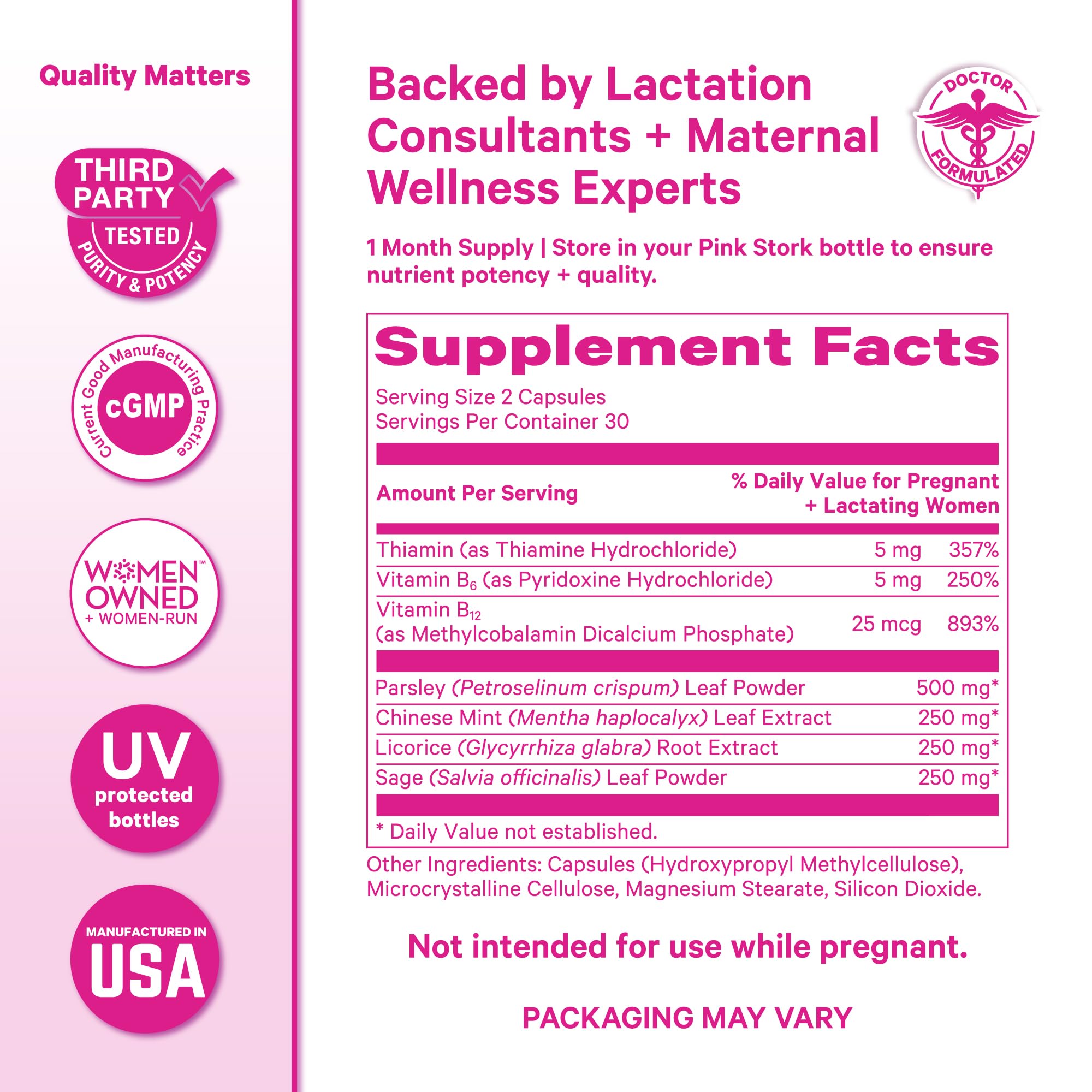 Pink Stork frasco junto a otros suplementos para apoyo posnatal