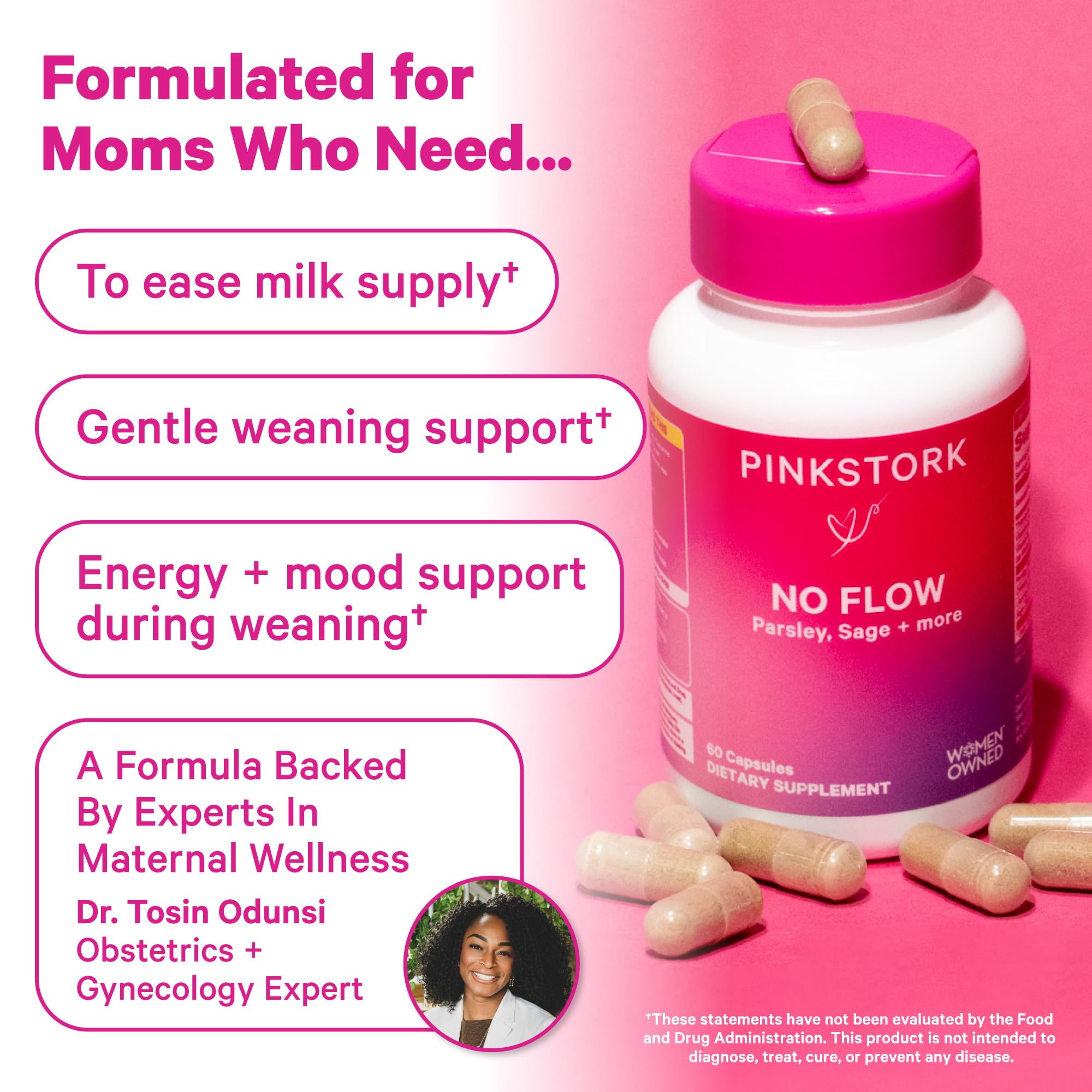 Pink Stork cápsulas en mano para mostrar tamaño y dosificación