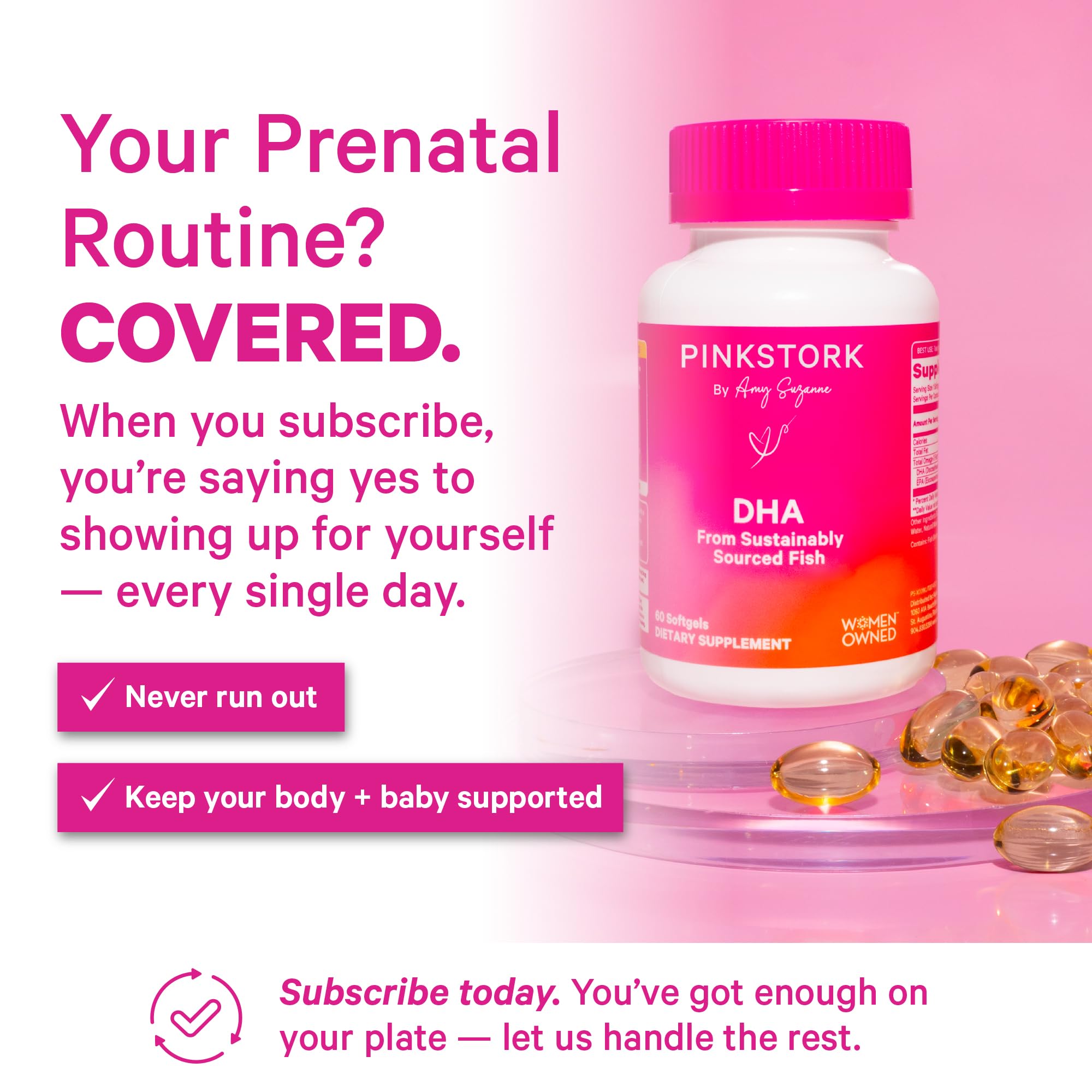 Pink Stork panel nutricional visible con cantidades de DHA y EPA