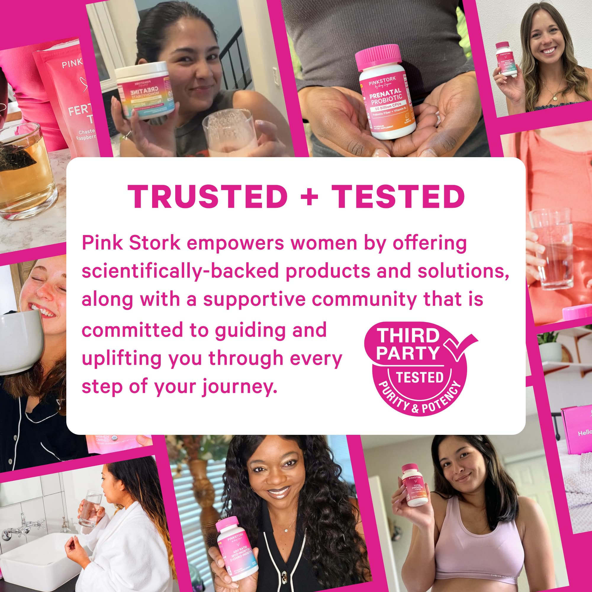 Pink Stork tamaño comparado con mano para apreciar la botella de 4 oz