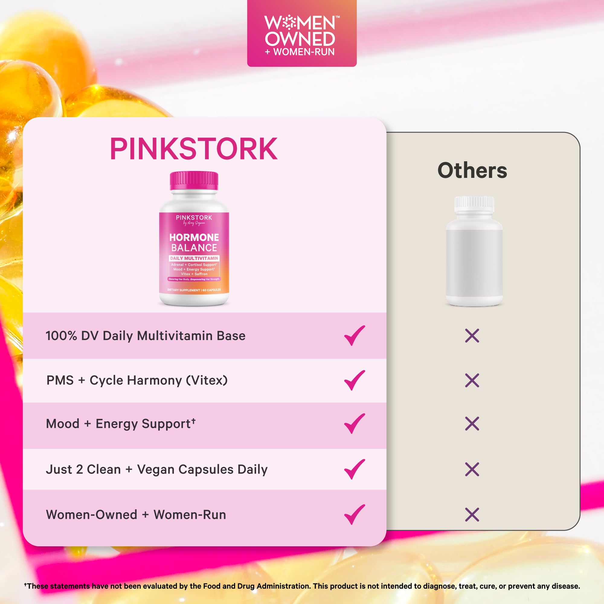 Pink Stork ingredientes en polvo destacando Vitex y Ashwagandha beneficios