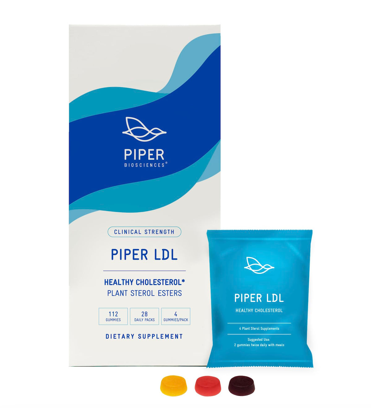 Piper Biosciences frente del empaque mostrando bolsitas y beneficios del producto