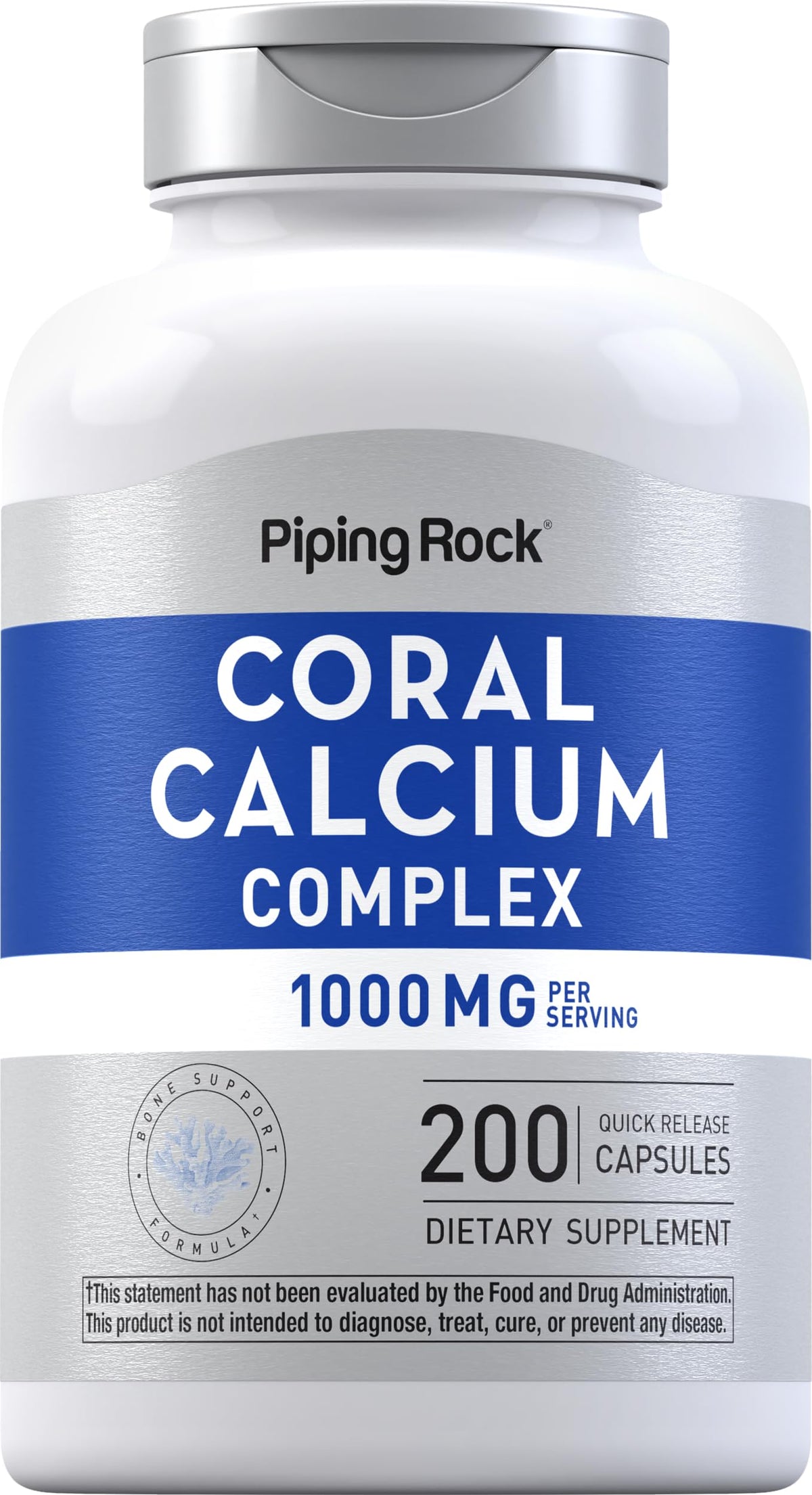 Piping Rock envase frontal mostrando 200 cápsulas y beneficios de calcio