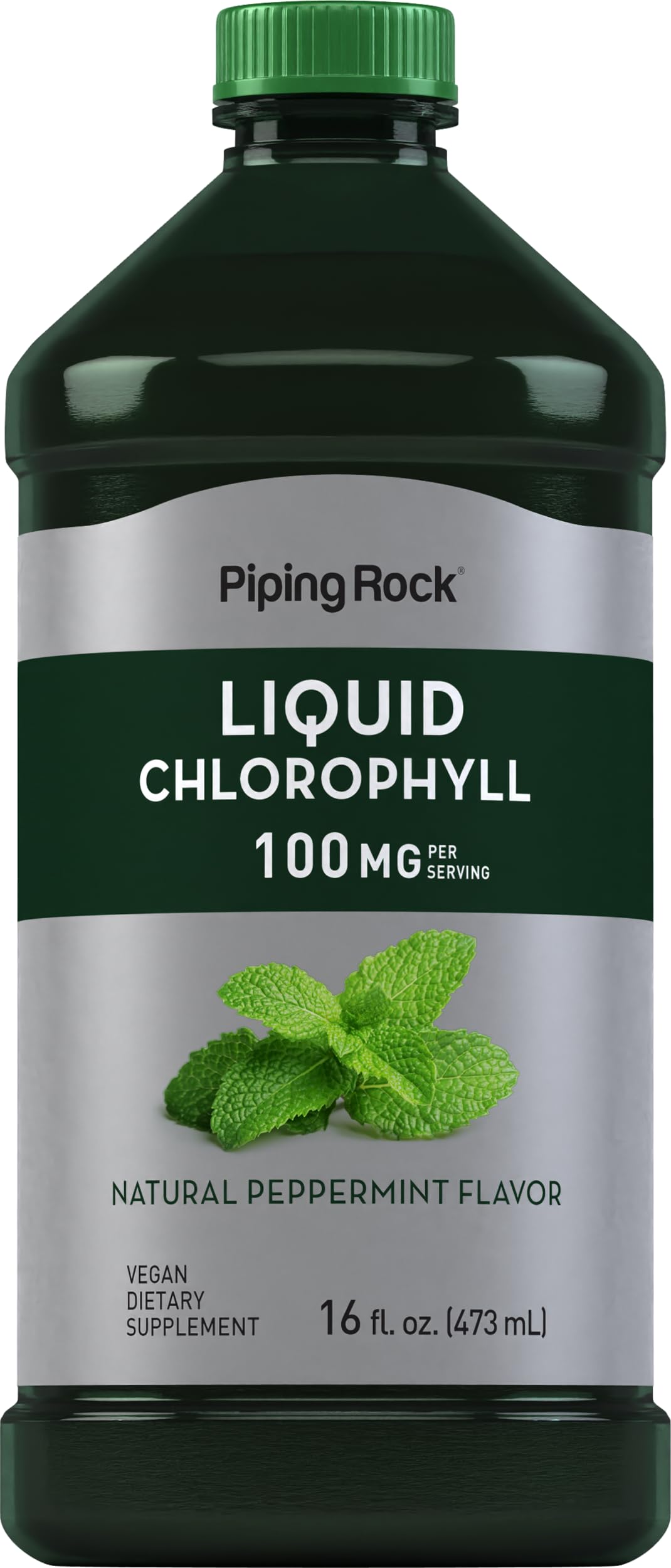 Piping Rock frasco frontal de clorofila líquida mostrando etiqueta clara y tamaño