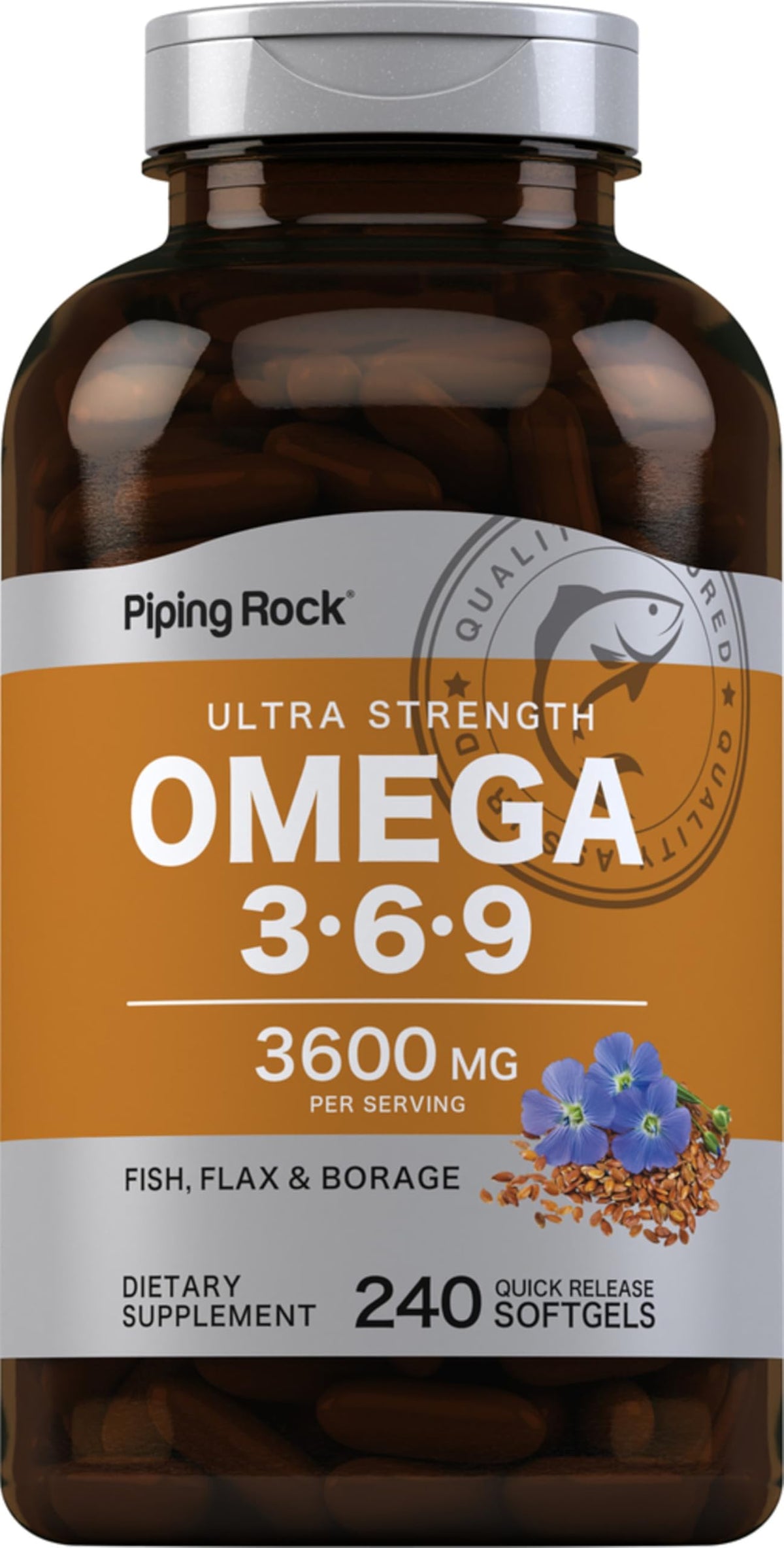 Piping Rock frasco frontal mostrando 240 cápsulas y beneficios claros