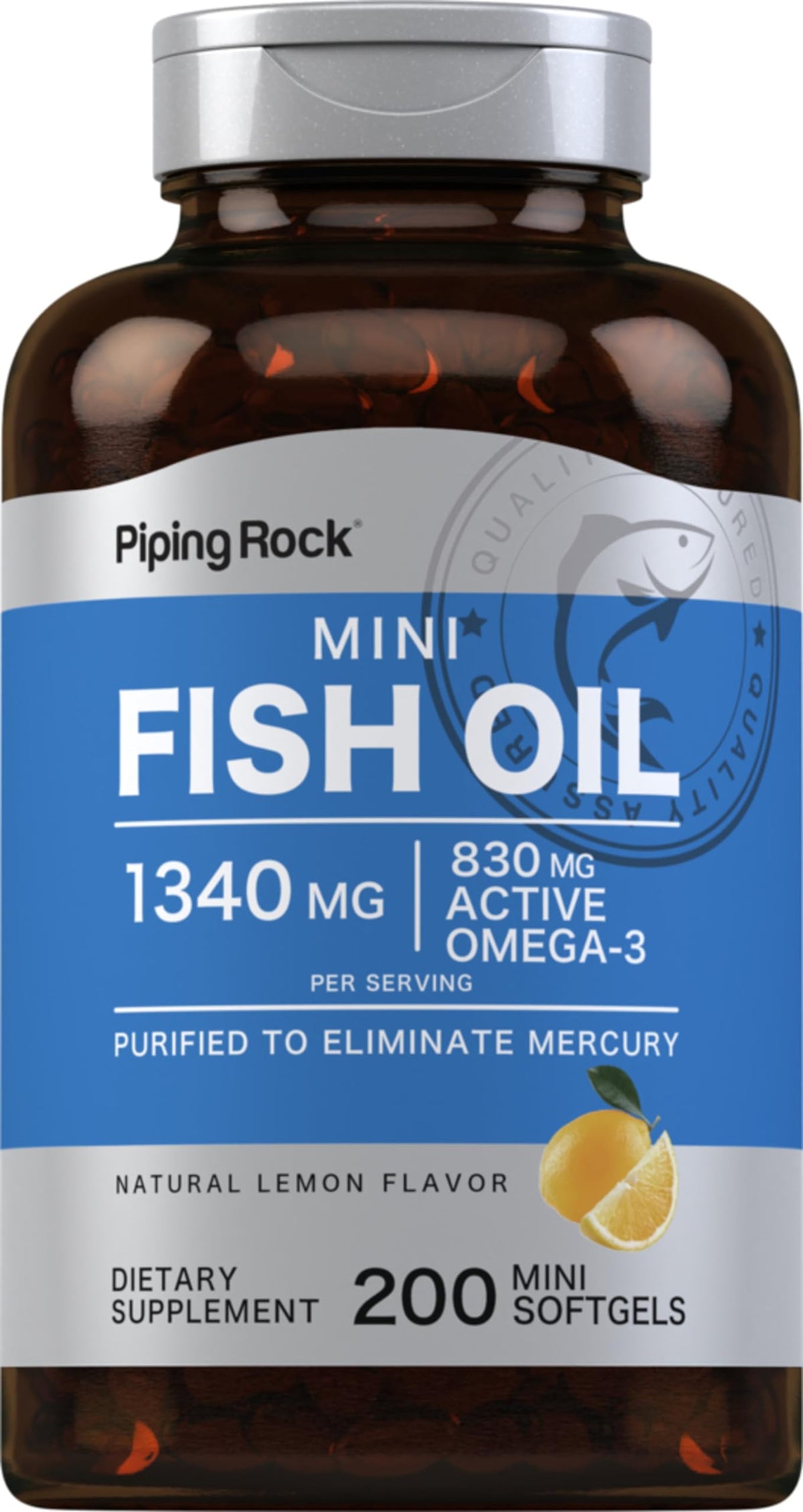 Piping Rock frente del envase mostrando 200 mini softgels y beneficios
