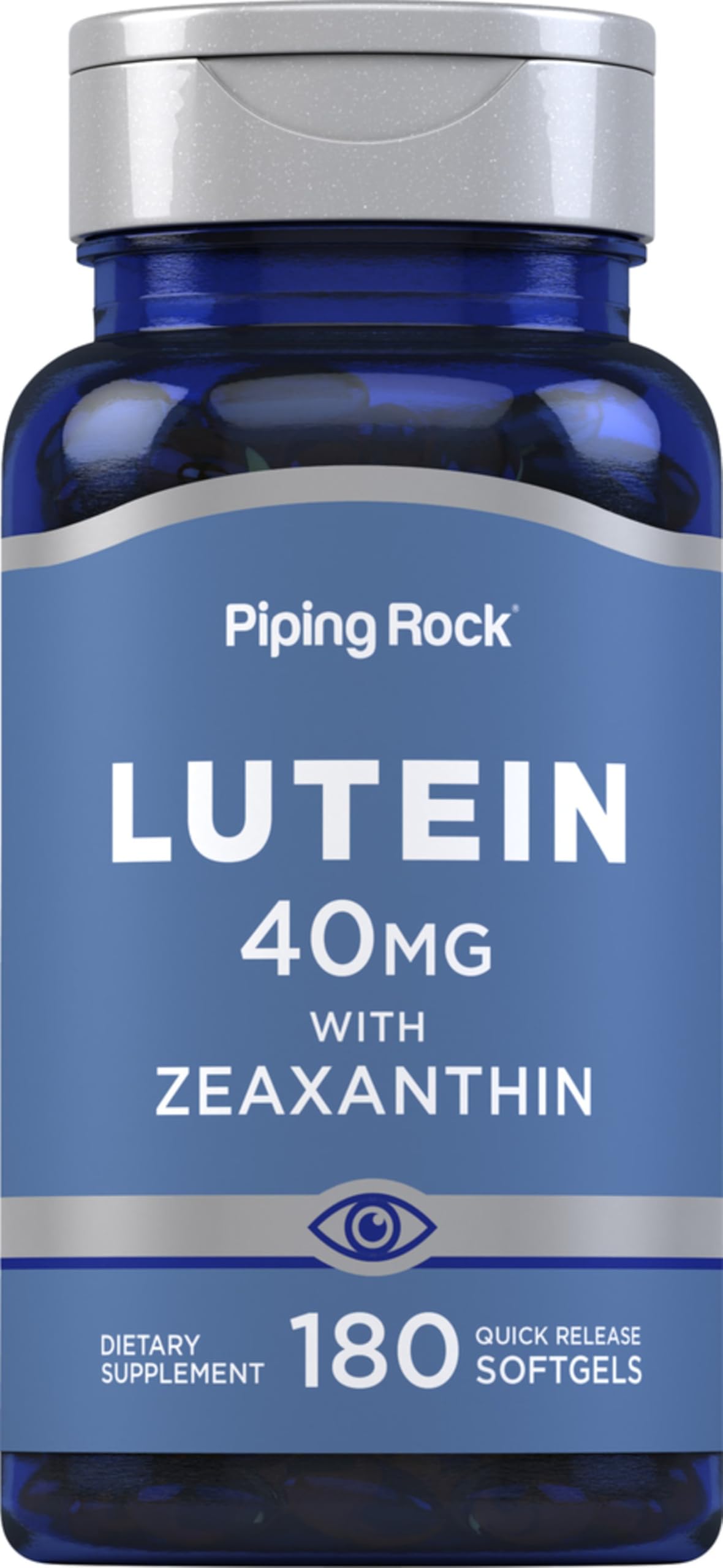 Piping Rock frasco frente mostrando 180 softgels y conveniencia de suministro