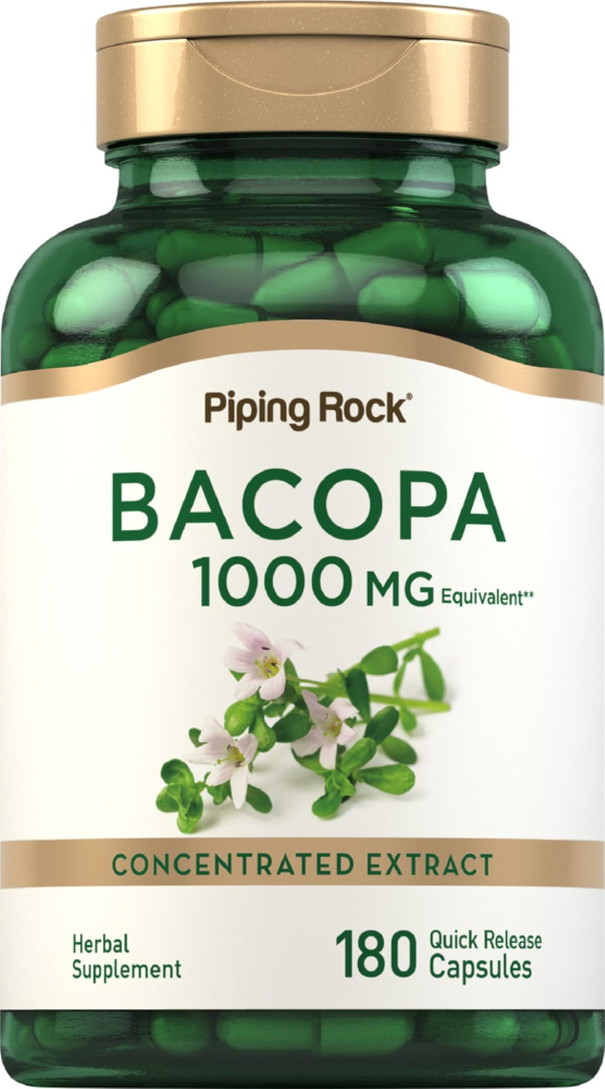 Piping Rock envase frontal de Bacopa Monnieri mostrando presentación y beneficio de cantidad