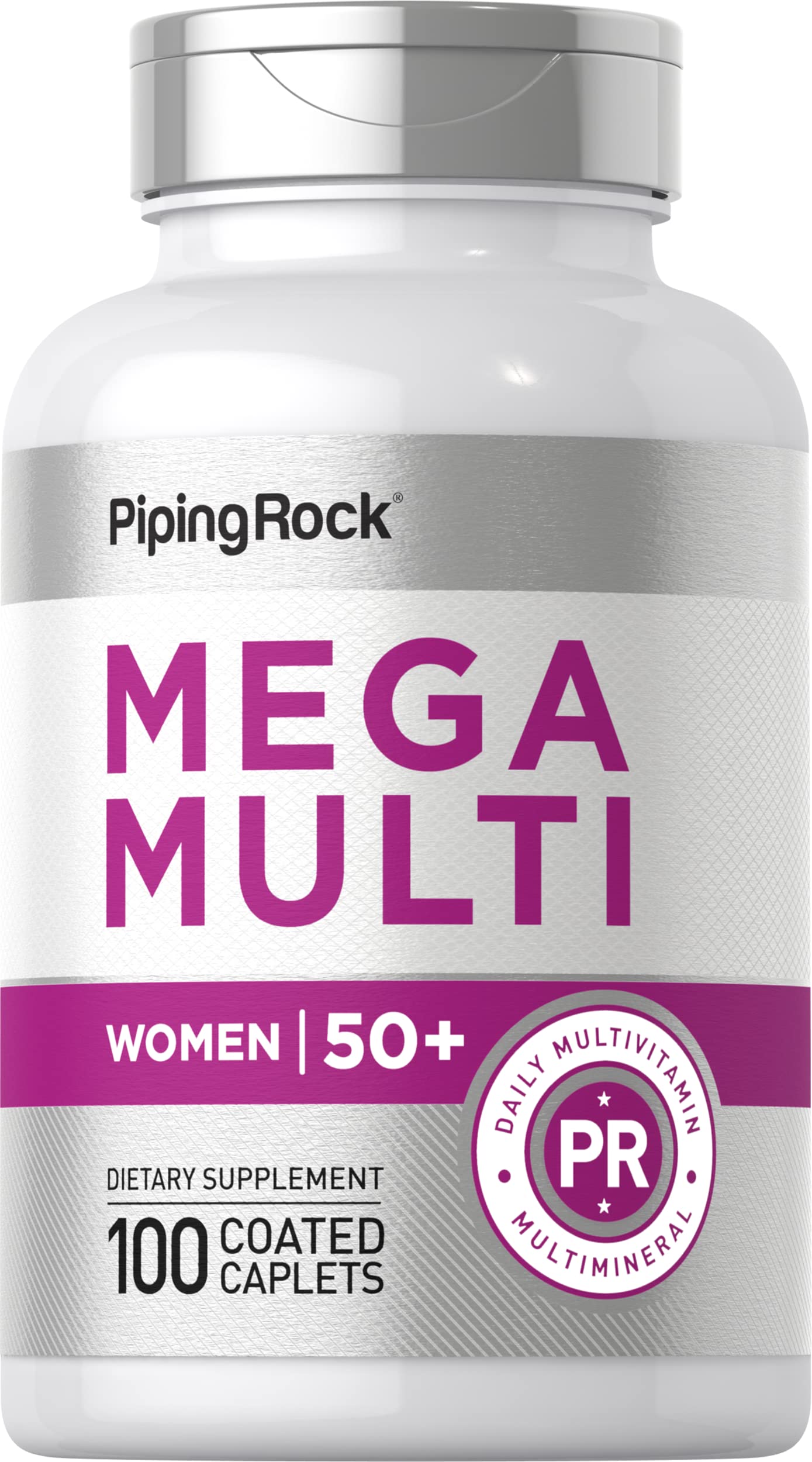 Piping Rock envase frontal del multivitamínico 50+ mostrando la etiqueta y beneficios