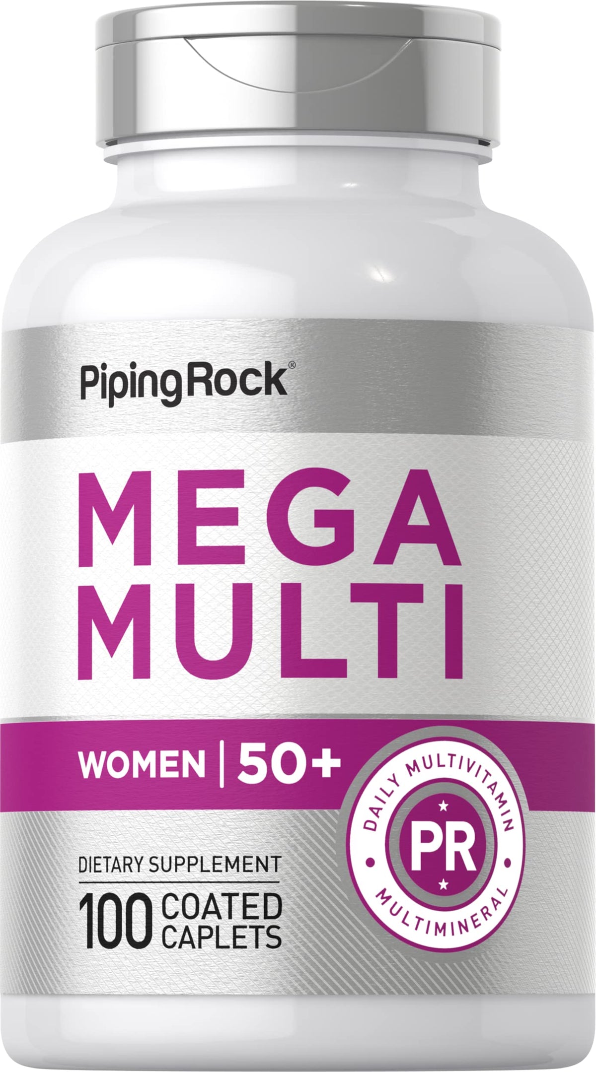 Piping Rock envase frontal del multivitamínico 50+ mostrando la etiqueta y beneficios