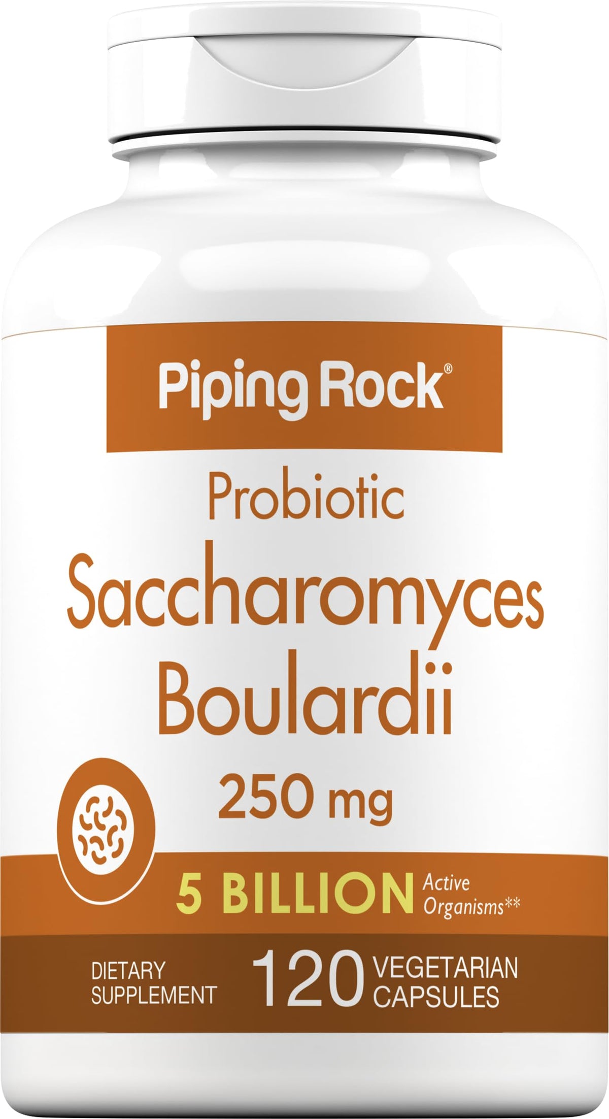 Piping Rock frasco frontal de Saccharomyces boulardii mostrando envase y beneficio de potencia