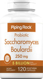Piping Rock frasco frontal de Saccharomyces boulardii mostrando envase y beneficio de potencia