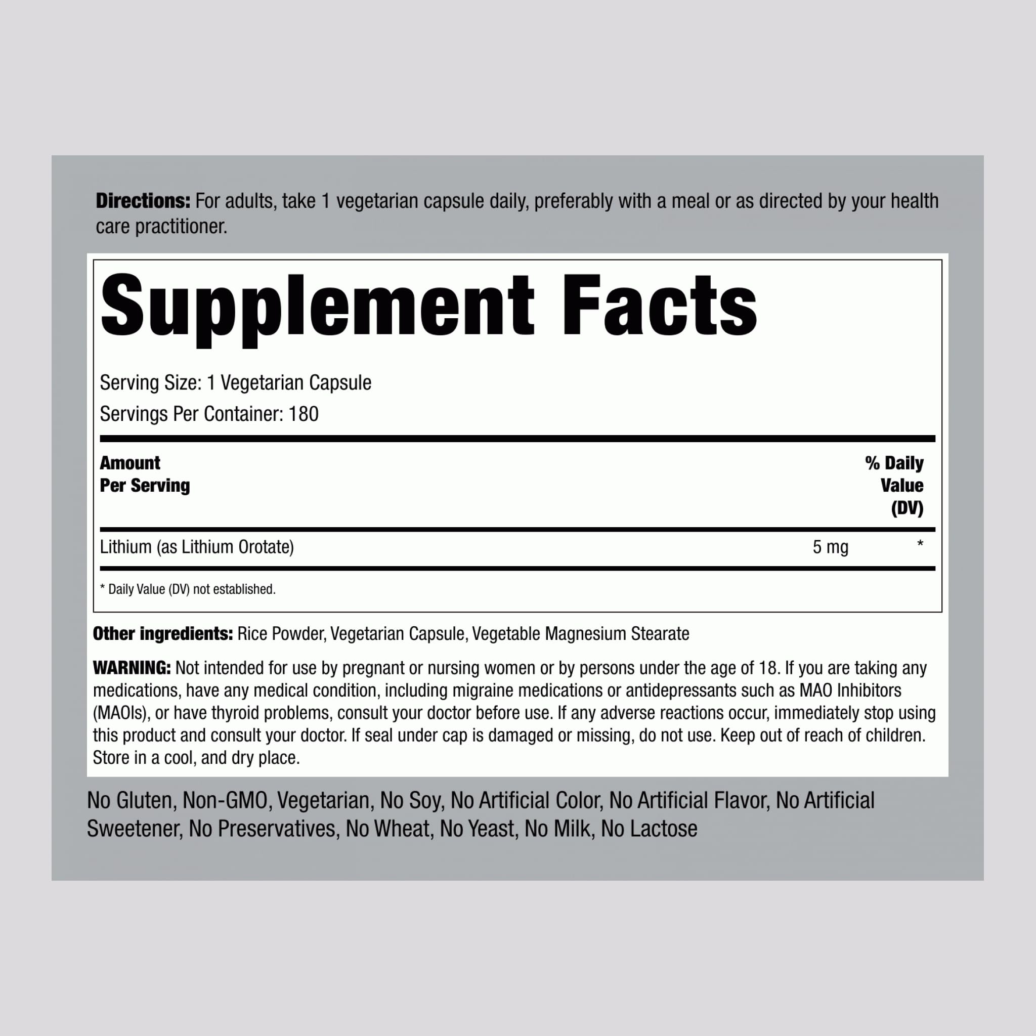 Piping Rock etiqueta detallada mostrando 5 mg y beneficios de pureza