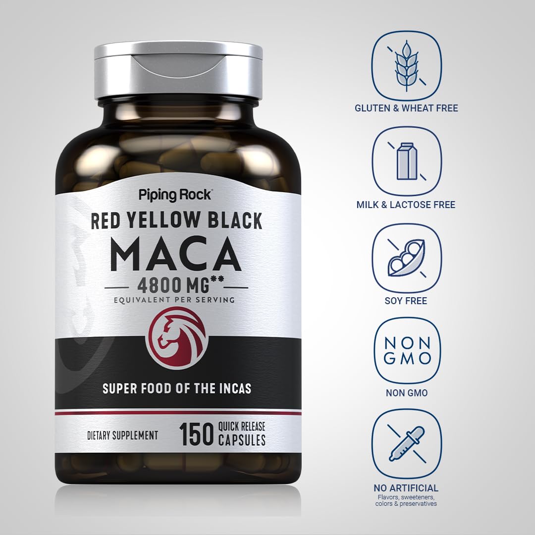 Piping Rock cápsula abierta con polvo de maca concentrado adentro