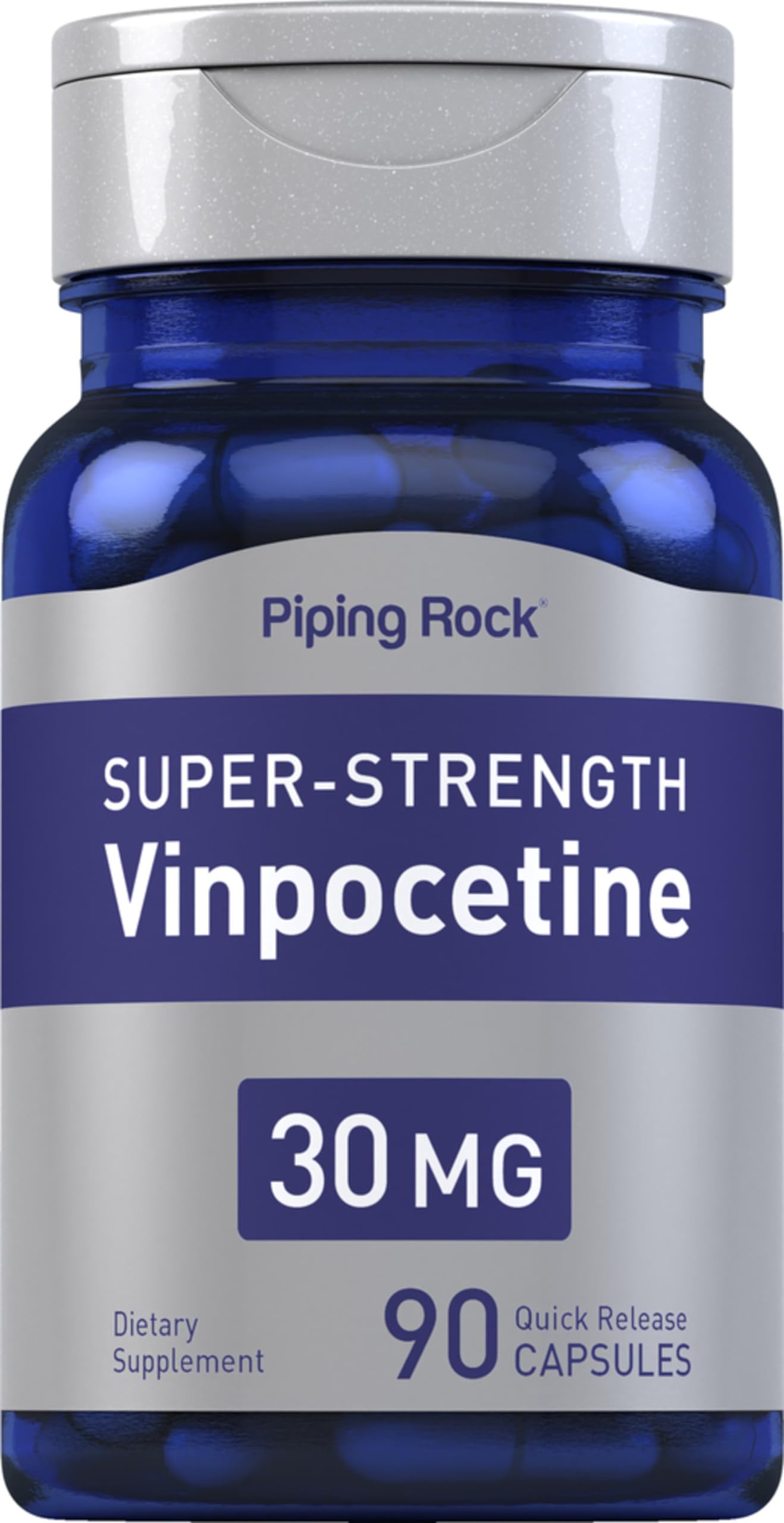Piping Rock frasco frontal mostrando 90 cápsulas y la dosis 30 mg