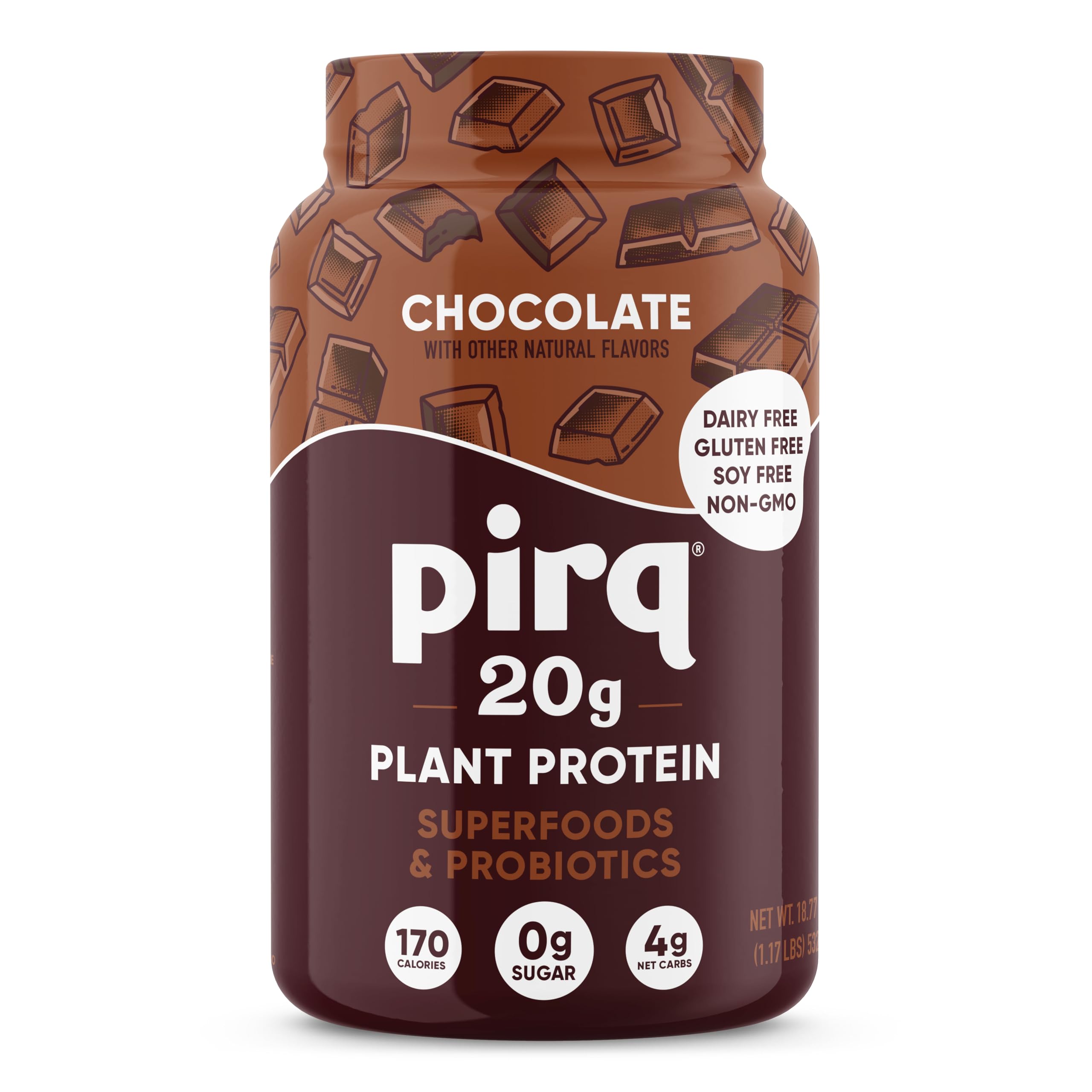 Pirq bote frontal chocolate mostrando etiqueta y beneficios visibles