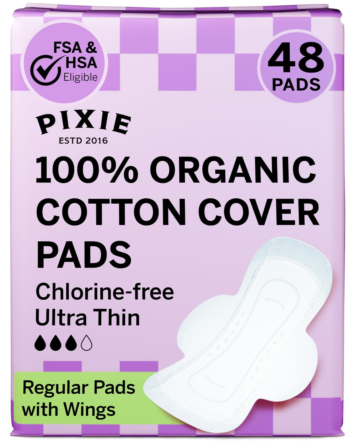 Pixie Cup empaque frontal mostrando 48 unidades y beneficios de algodón orgánico