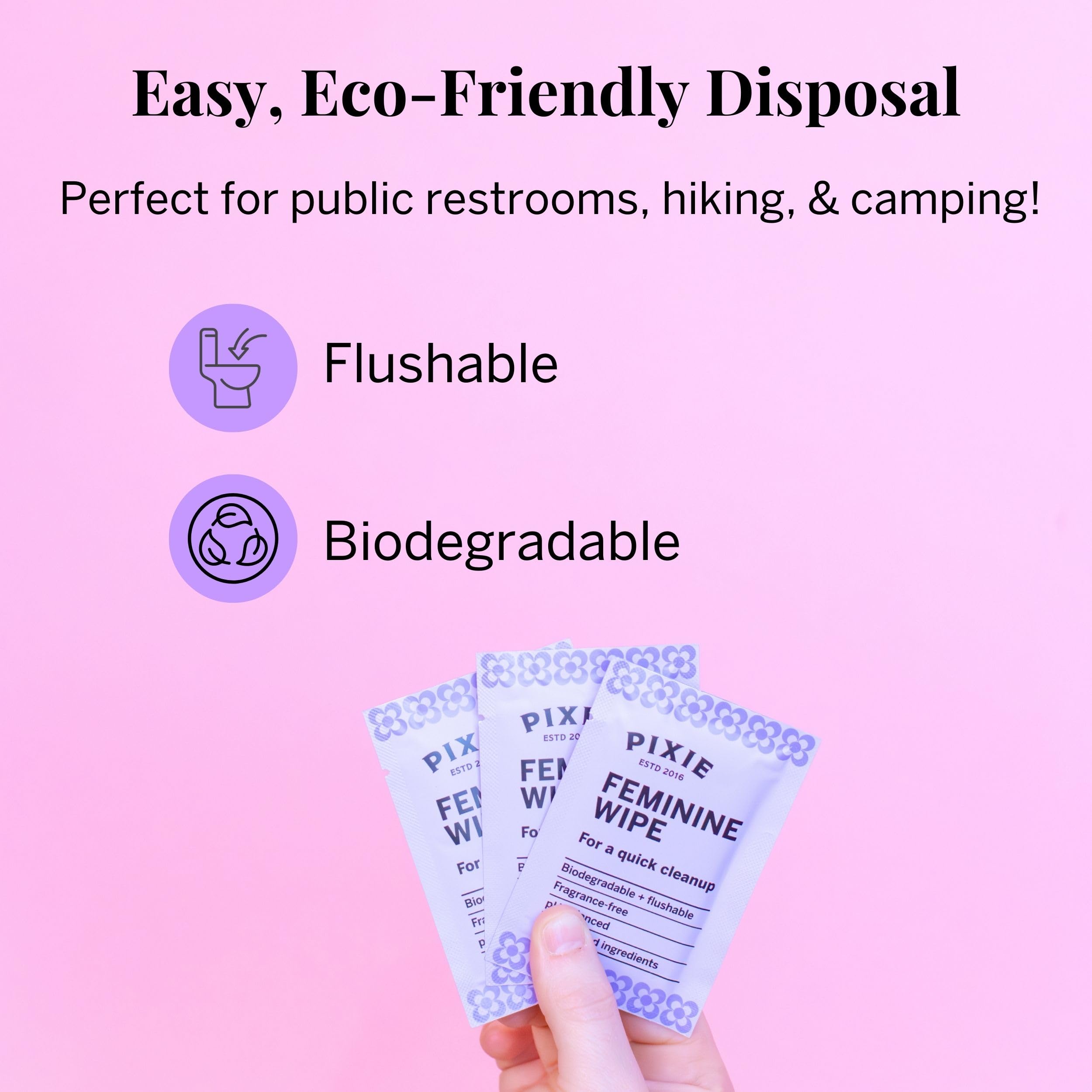 Pixie Cup etiqueta de ingredientes destaca agua purificada y limpieza suave