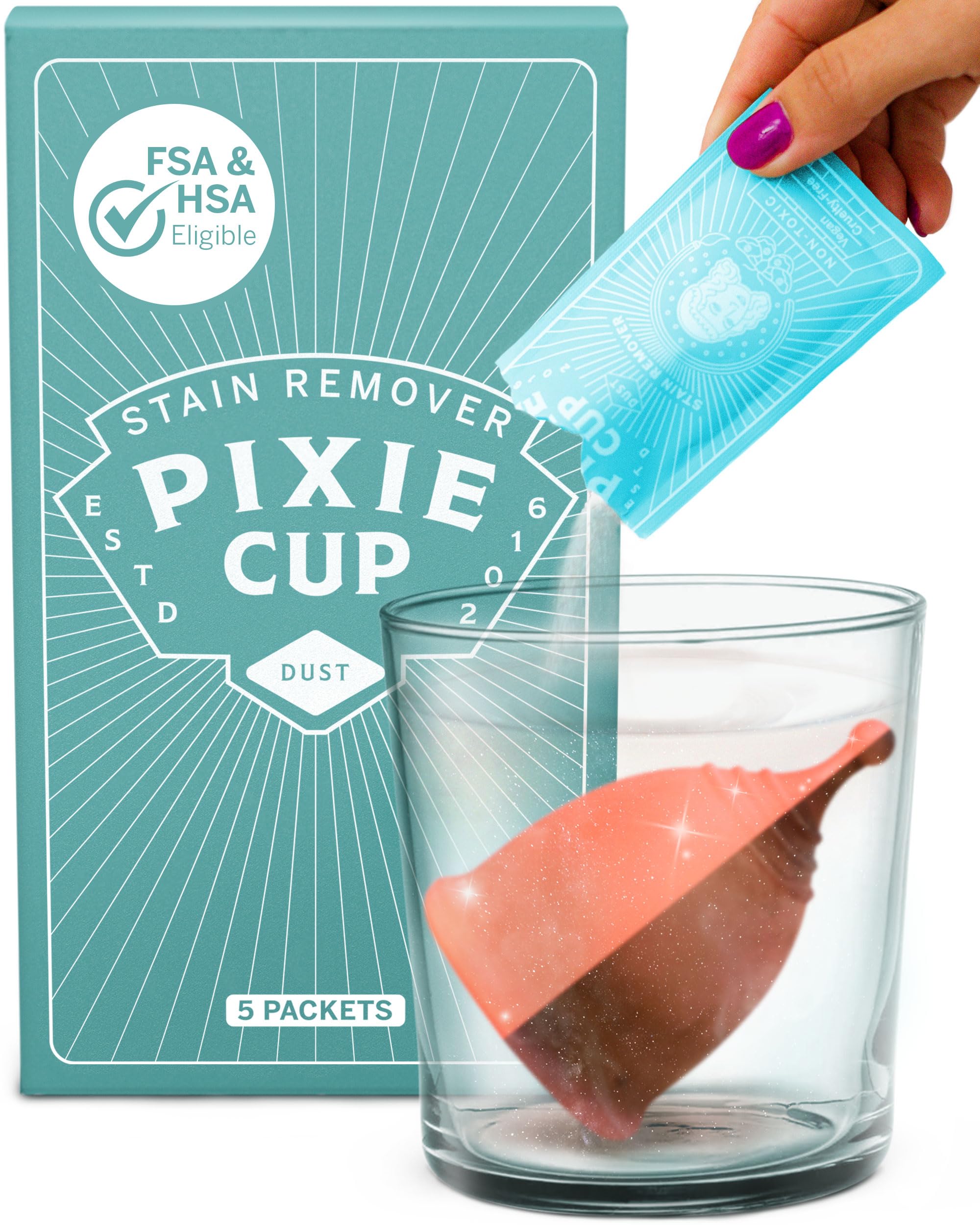 Pixie Cup empaque frontal mostrando sobres y beneficios visibles