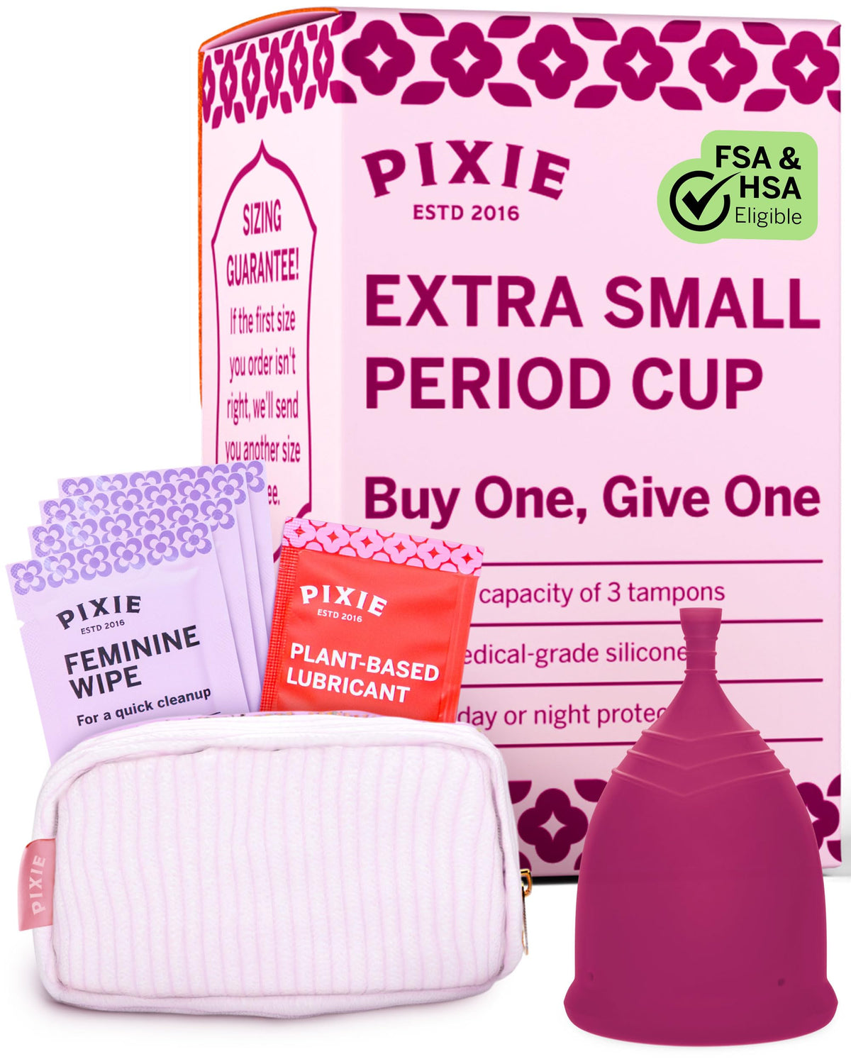 Pixie Cup frente del empaque mostrando kit completo y beneficios claros