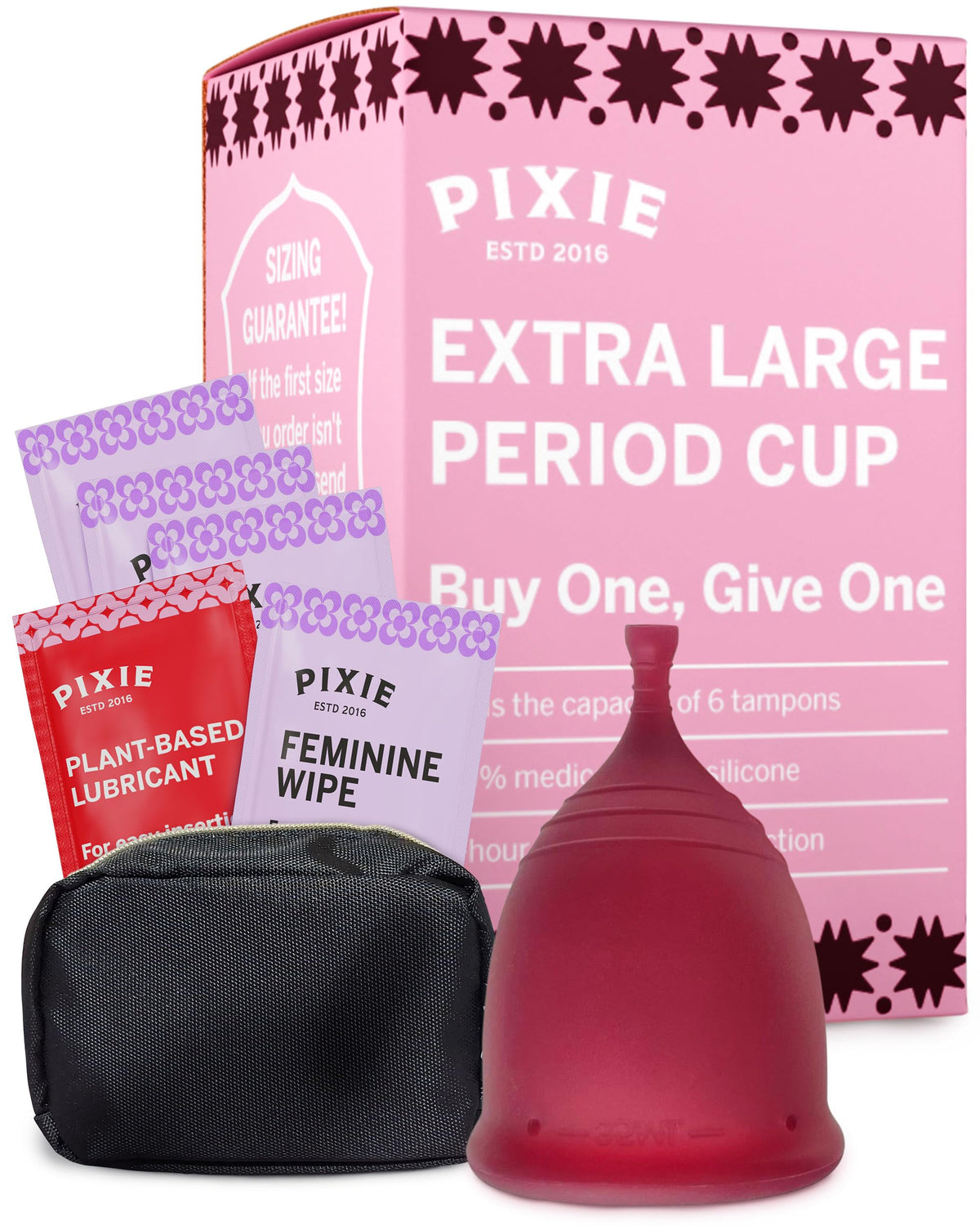 Pixie Cup vista frontal del empaque mostrando beneficios ecológicos