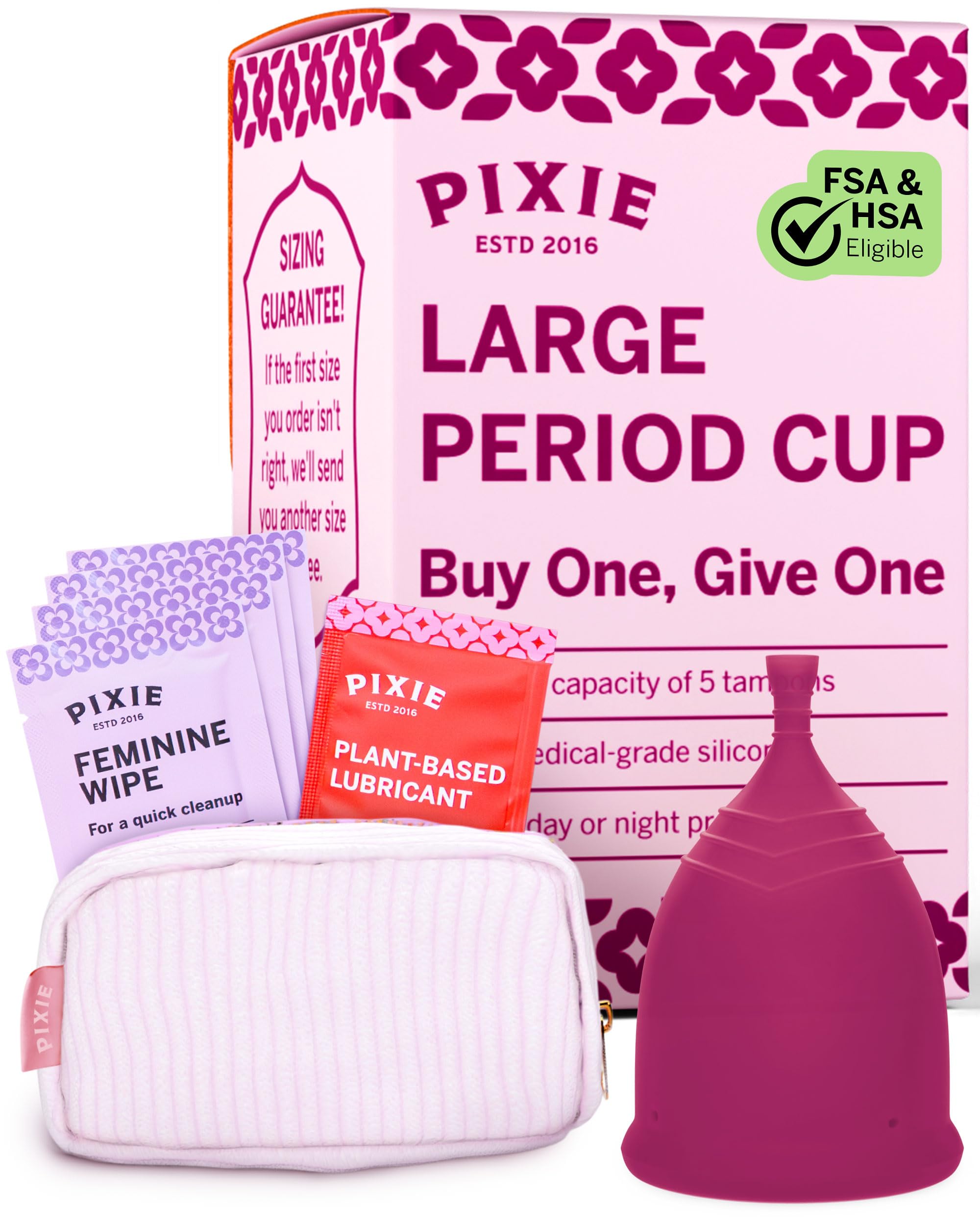Pixie Cup frontal del empaque mostrando inclusiones y beneficio ecológico