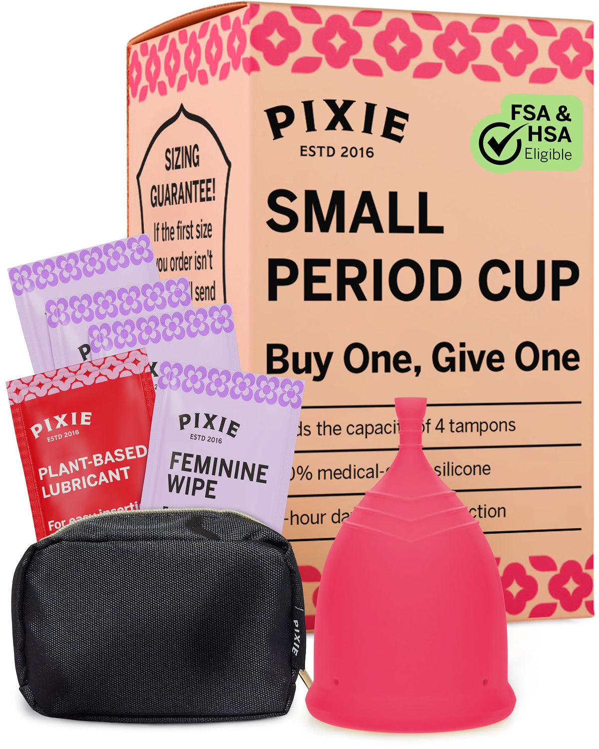 Pixie Cup vista frontal con empaque mostrando el producto y comodidad