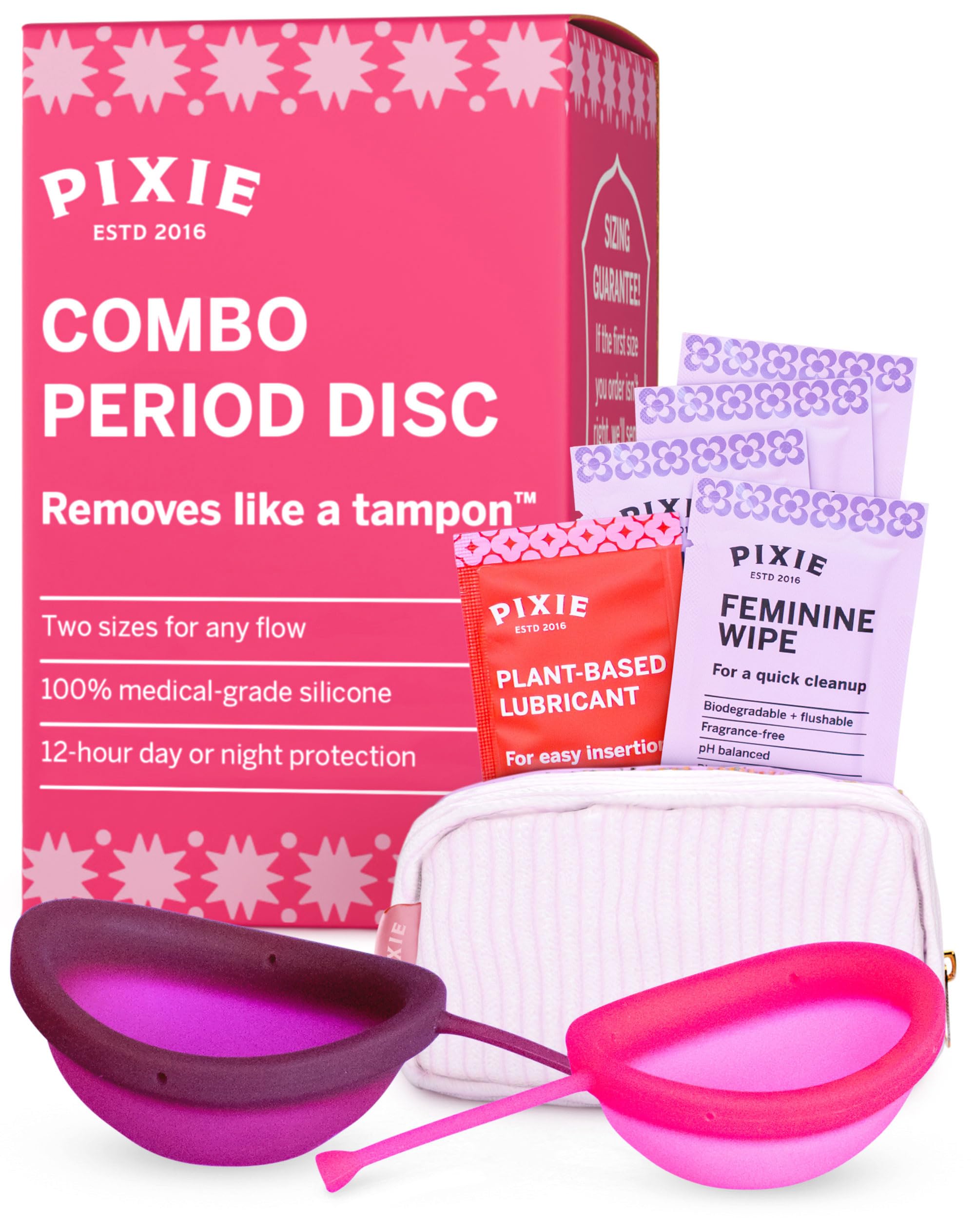 Pixie Cup frontal del pack mostrando ambos discos y beneficios reutilizables