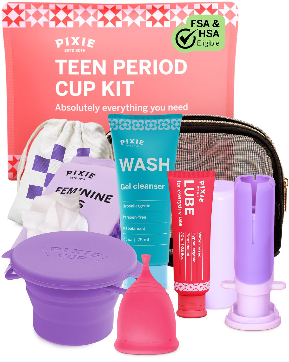 Pixie Cup kit frontal mostrando todos los componentes y comodidad