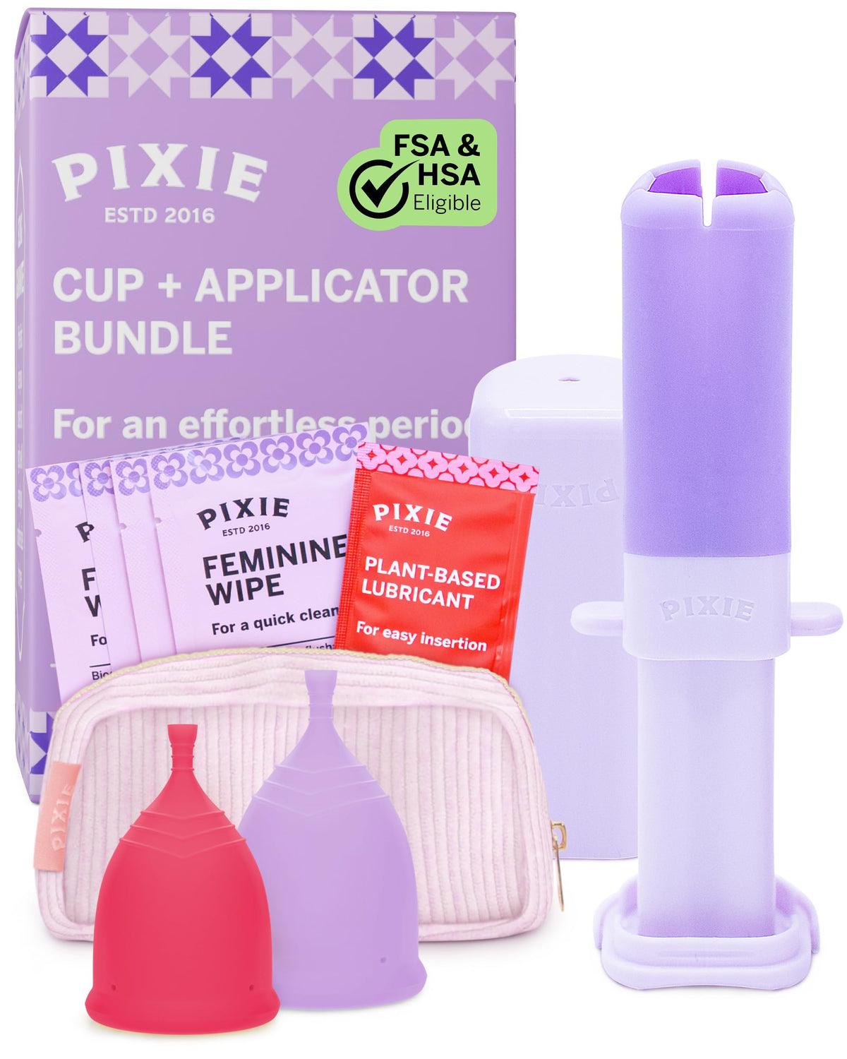 Pixie Cup vista frontal del pack mostrando dos copas y aplicador, fácil elección
