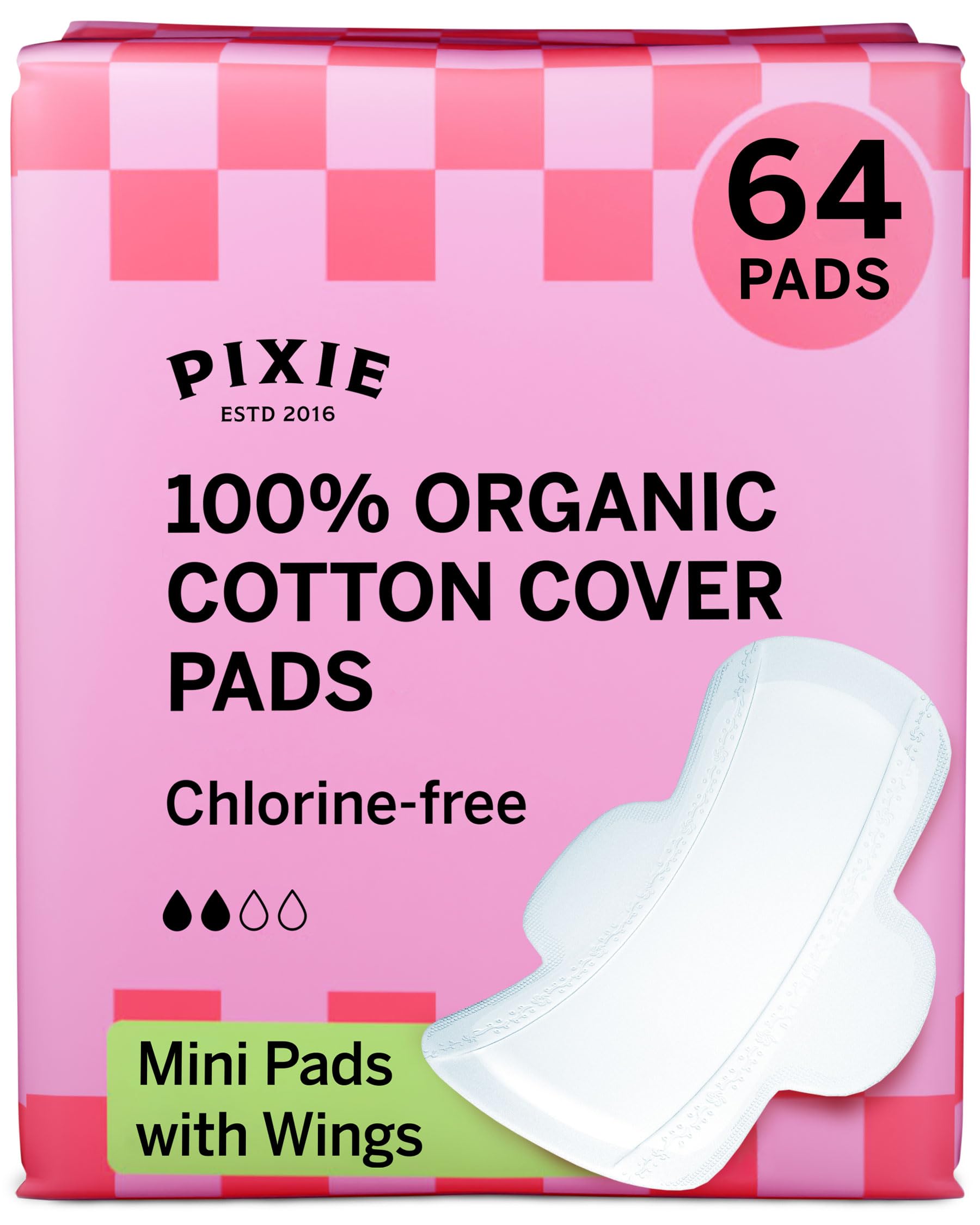 Pixie Cup empaque frontal mostrando 64 compresas mini y beneficios