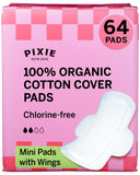 Pixie Cup empaque frontal mostrando 64 compresas mini y beneficios