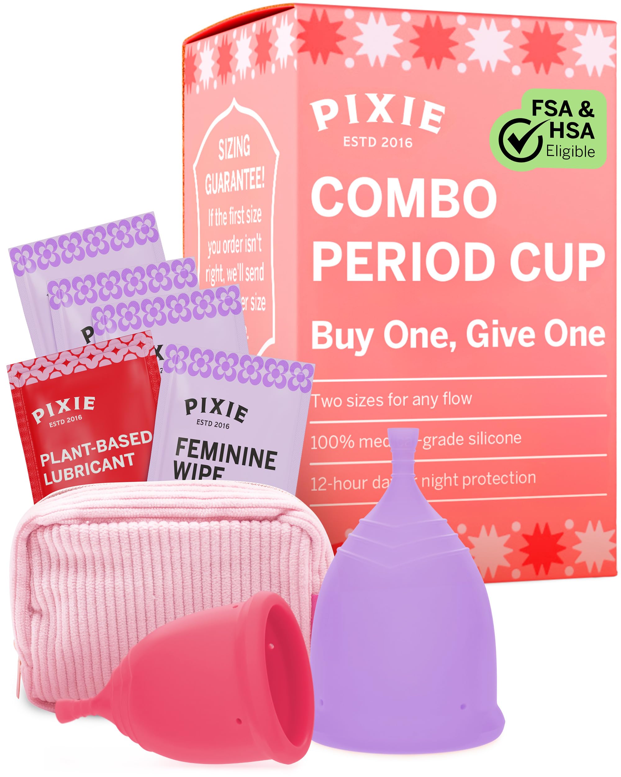 Pixie Cup frontal del producto mostrando empaque y beneficio reutilizable