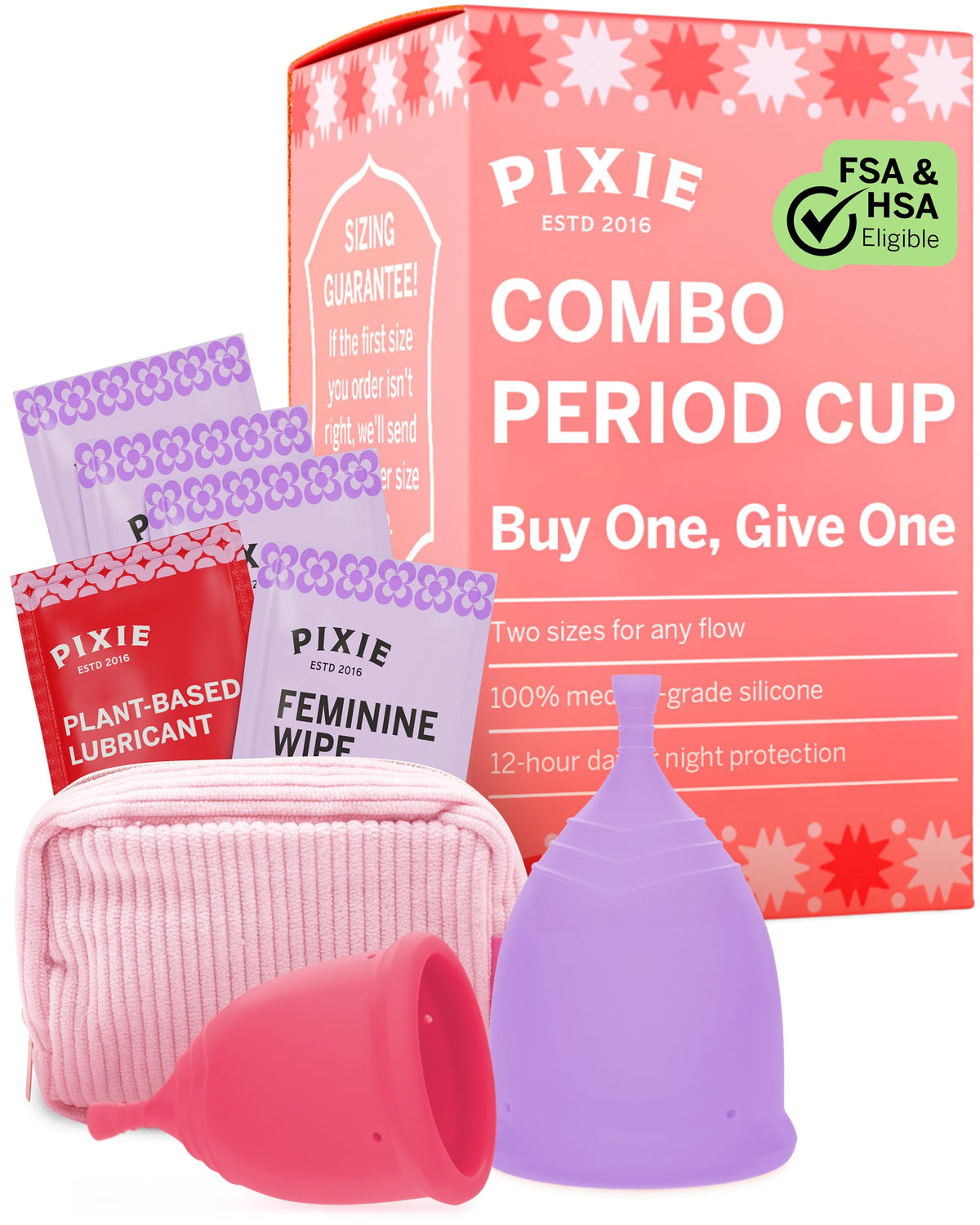 Pixie Cup frontal del producto mostrando empaque y beneficio reutilizable