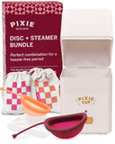 Pixie Cup frontal del kit mostrando disco y esterilizador, fácil almacenamiento