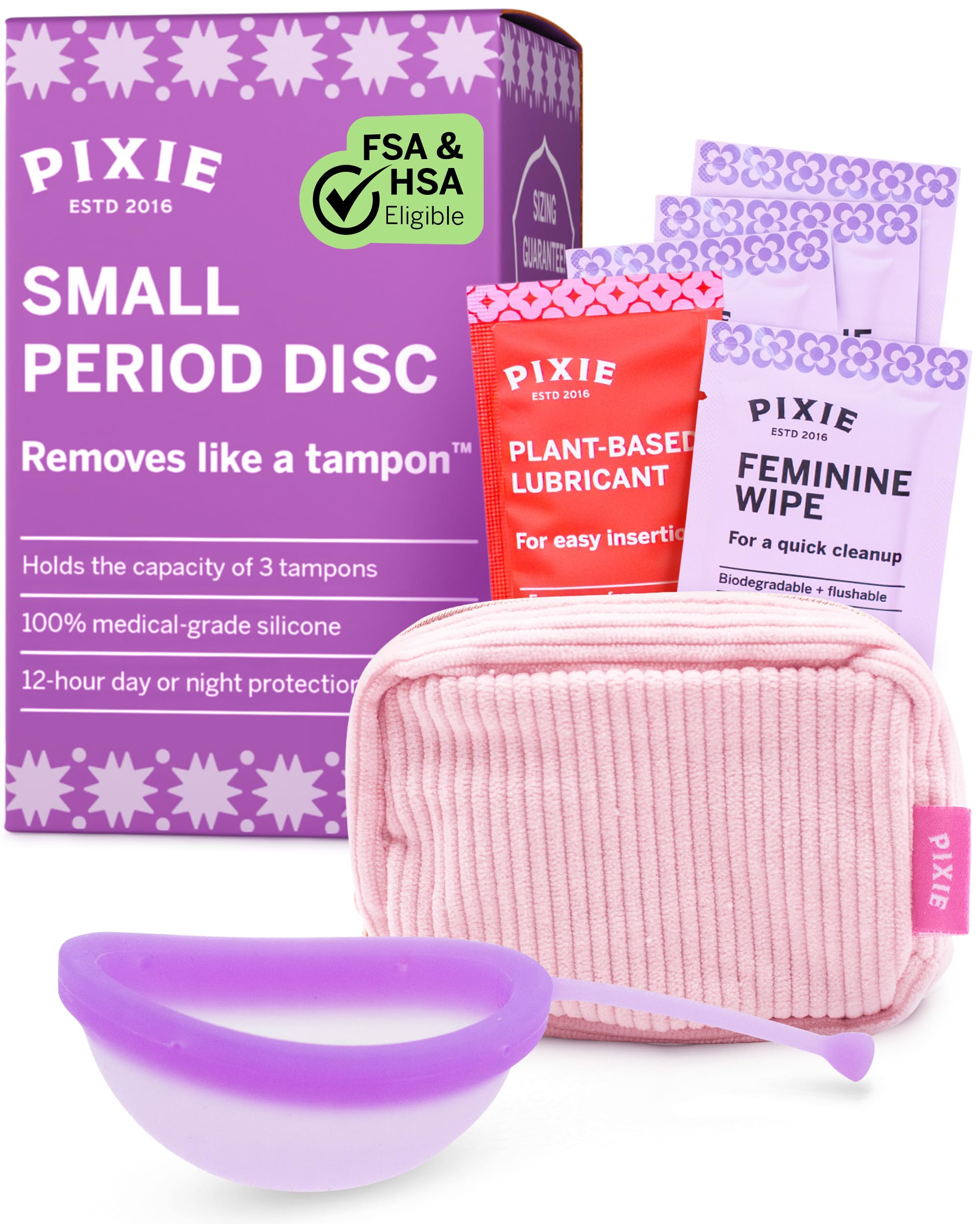 Pixie Cup vista frontal del empaque mostrando diseño y beneficios ecológicos